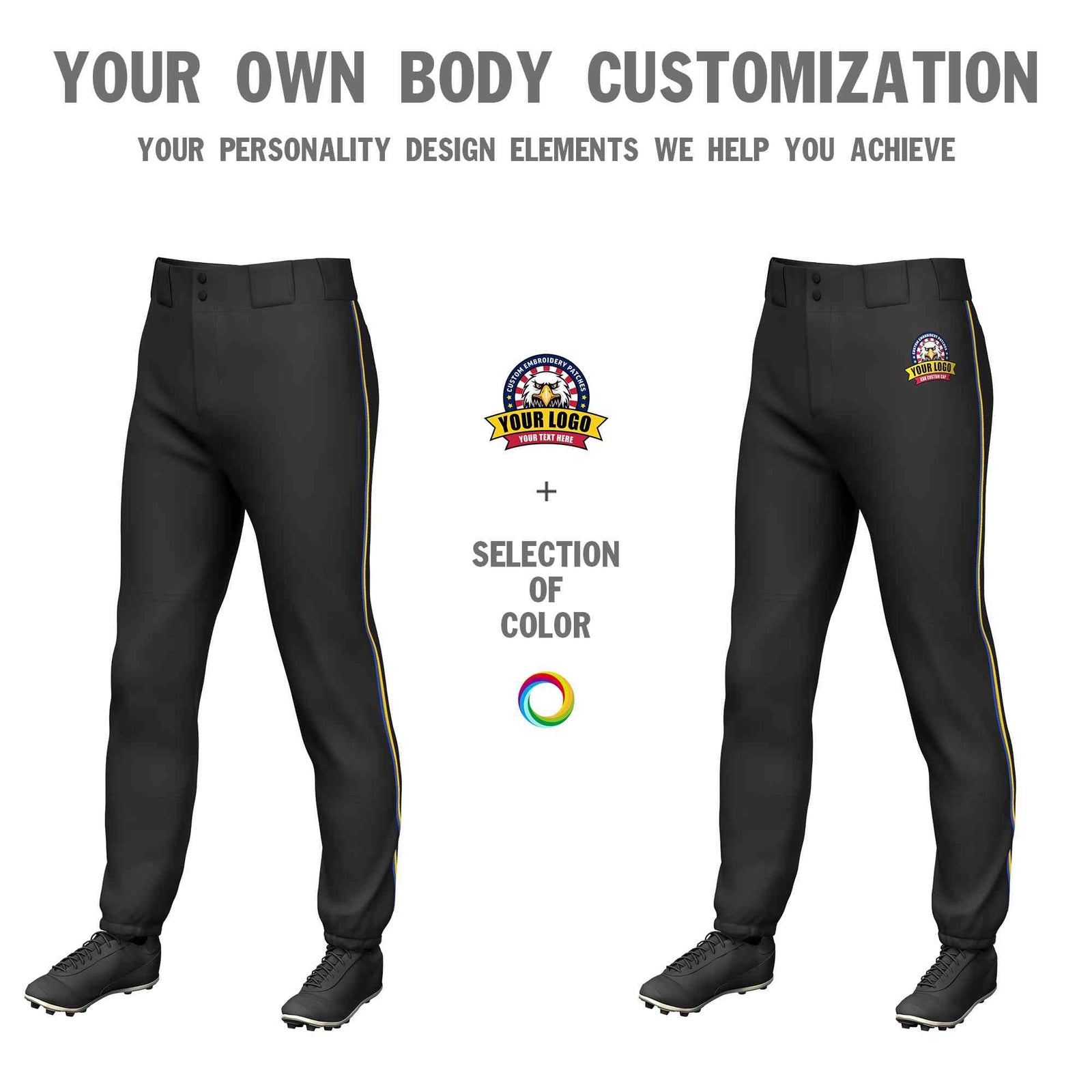 Custom Black Royal-Gold Classic Fit Stretch Practice Pull-up Baseball Pants