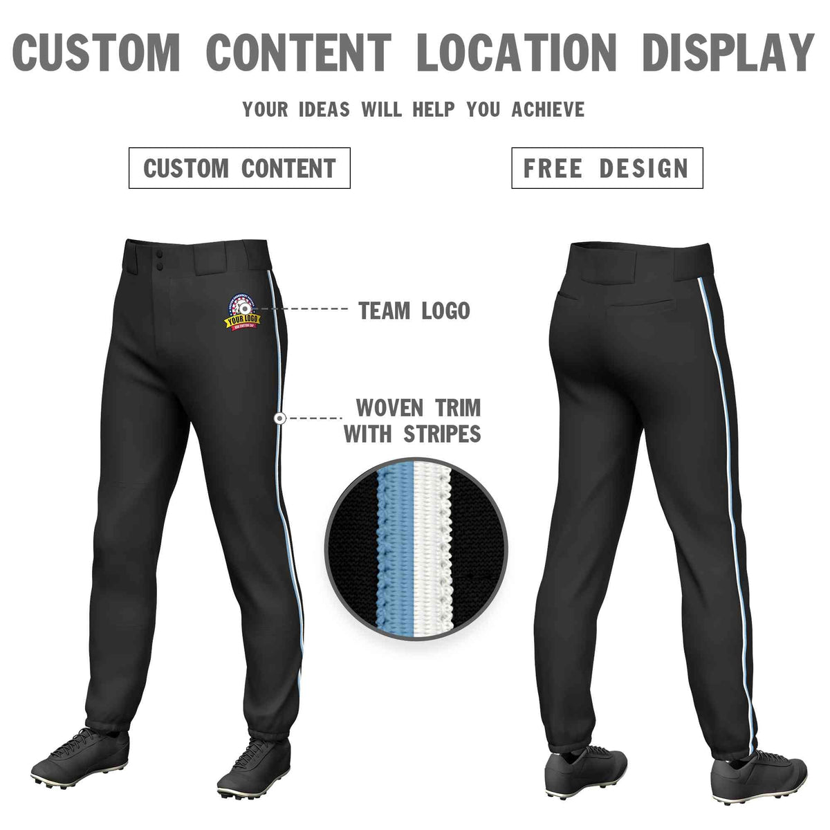 Custom Black Light Blue-White Classic Fit Stretch Practice Pull-up Baseball Pants