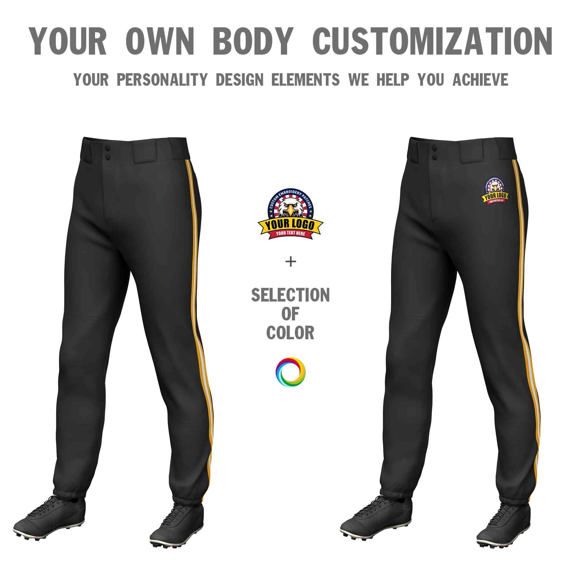 Custom Black Yellow White-Yellow Classic Fit Stretch Practice Pull-up Baseball Pants