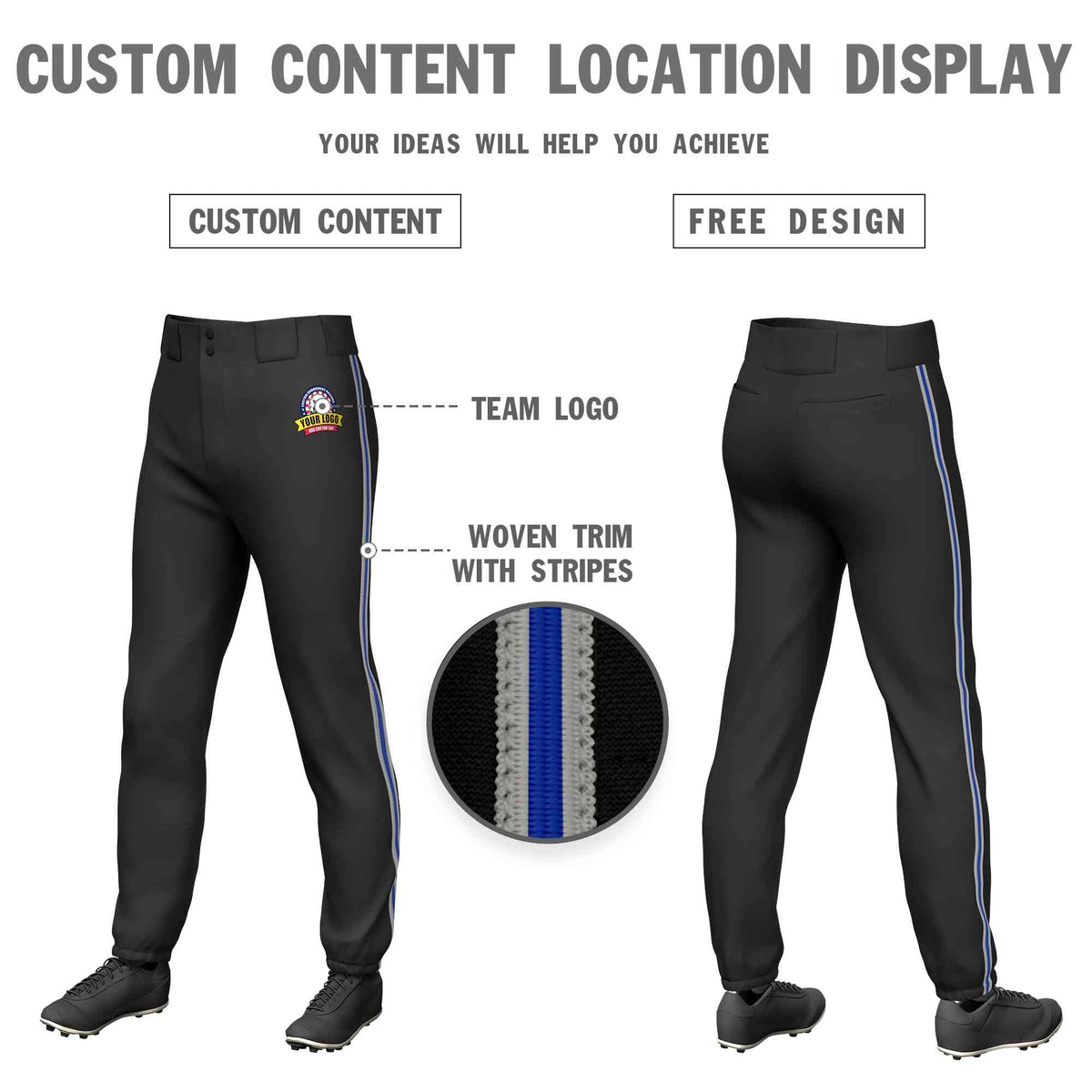 Custom Black Gray Royal-Gray Classic Fit Stretch Practice Pull-up Baseball Pants