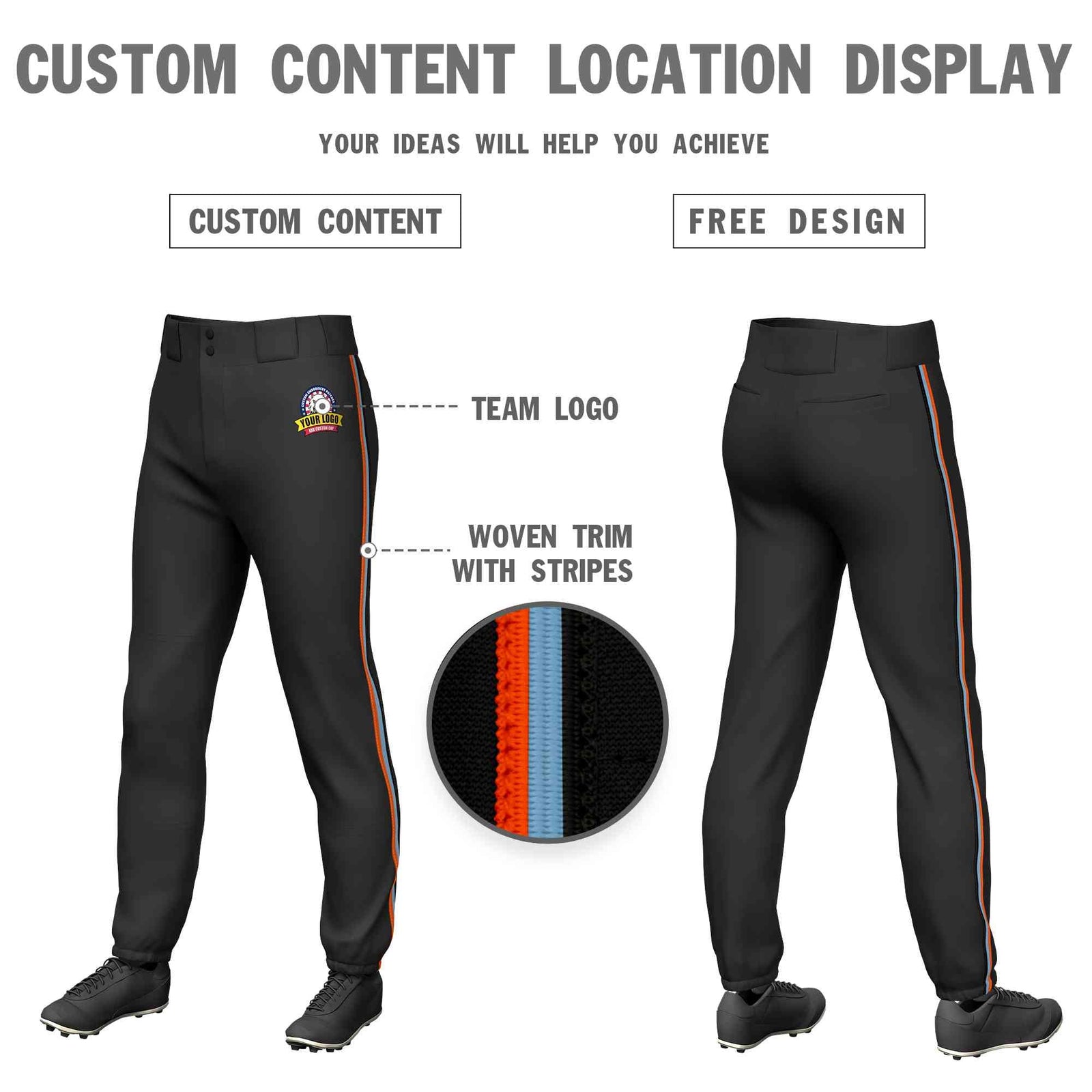 Custom Black Orange Light Blue-Black Classic Fit Stretch Practice Pull-up Baseball Pants