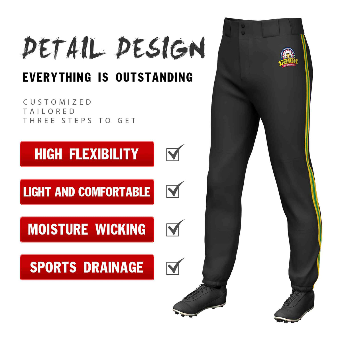 Custom Black Gold Kelly Green-Gold Classic Fit Stretch Practice Pull-up Baseball Pants