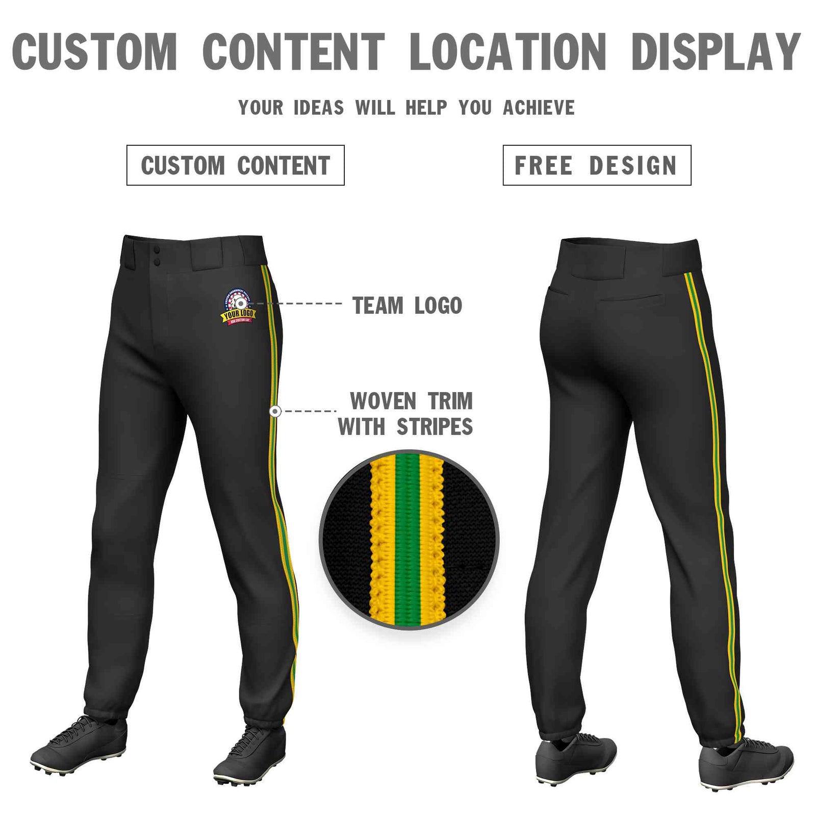 Custom Black Gold Kelly Green-Gold Classic Fit Stretch Practice Pull-up Baseball Pants