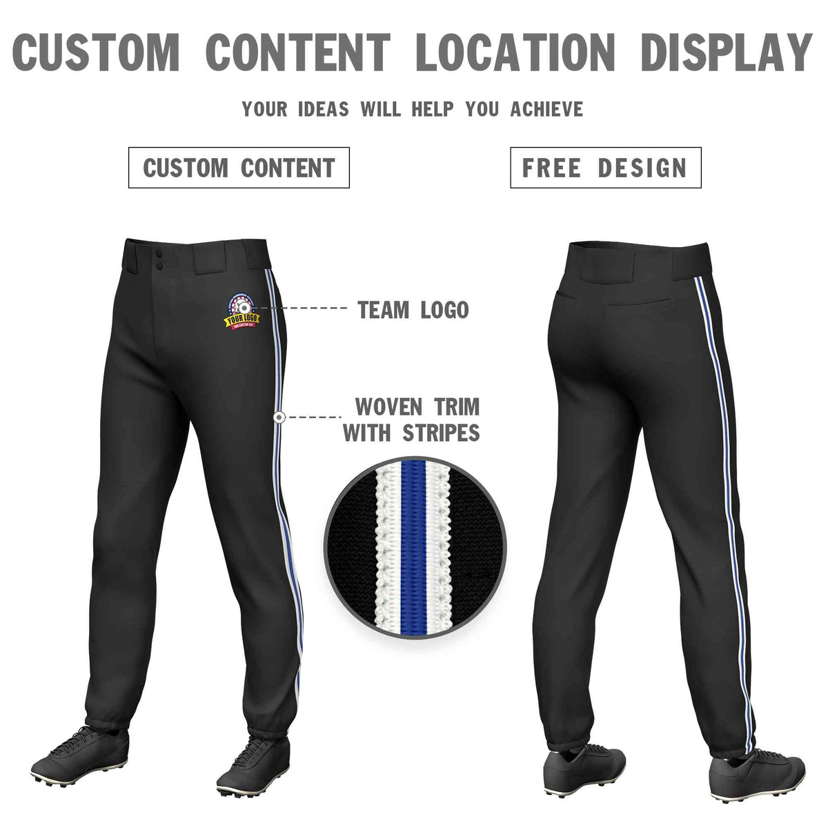Custom Black White Royal-White Classic Fit Stretch Practice Pull-up Baseball Pants