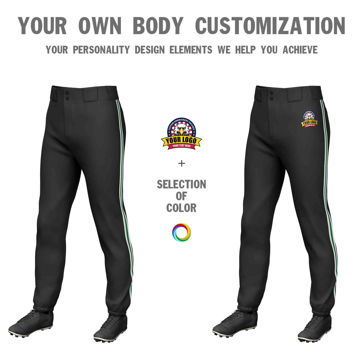 Custom Black White Kelly Green-White Classic Fit Stretch Practice Pull-up Baseball Pants