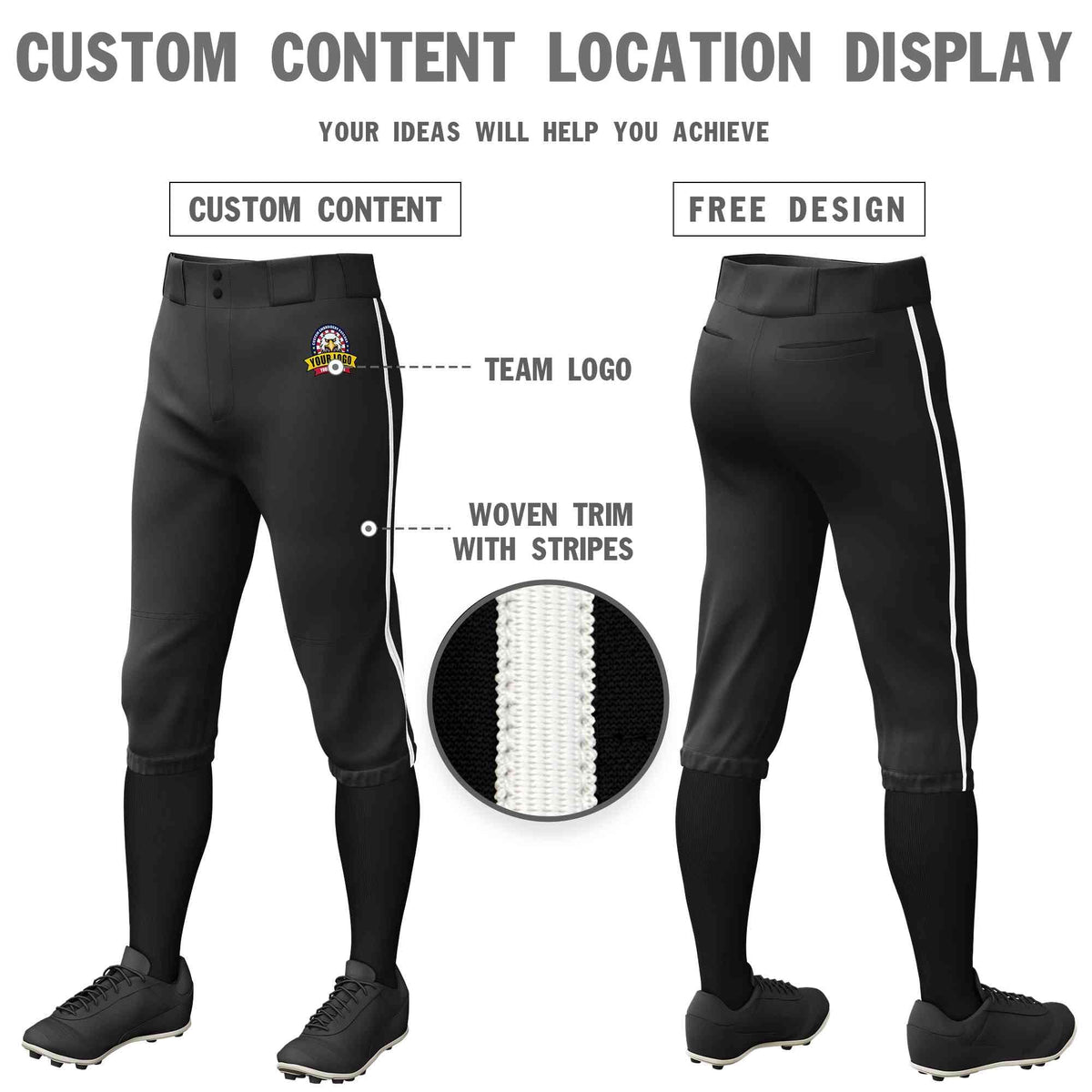 Custom Black White Classic Fit Stretch Practice Knickers Baseball Pants