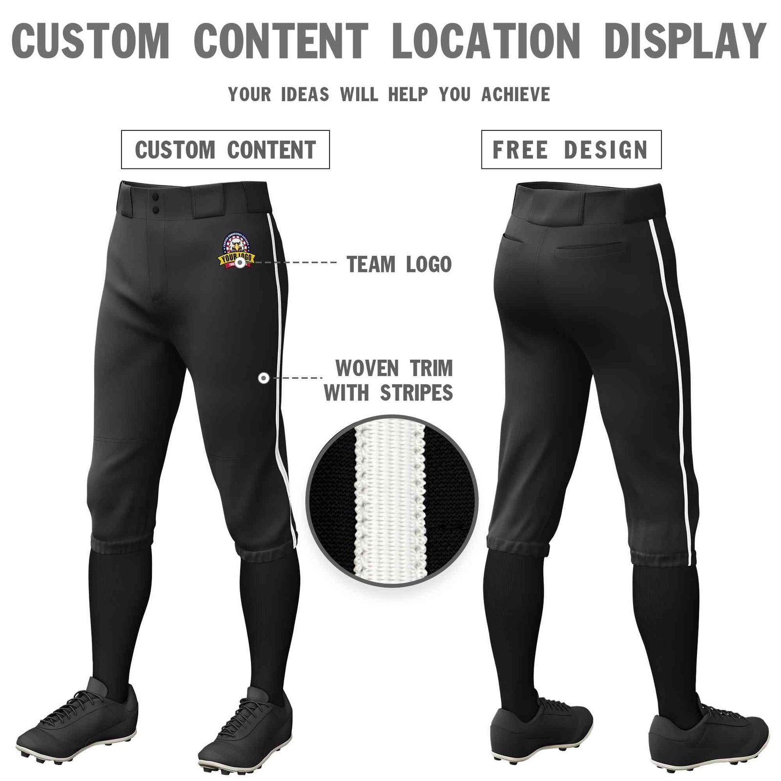 Custom Black White Classic Fit Stretch Practice Knickers Baseball Pants