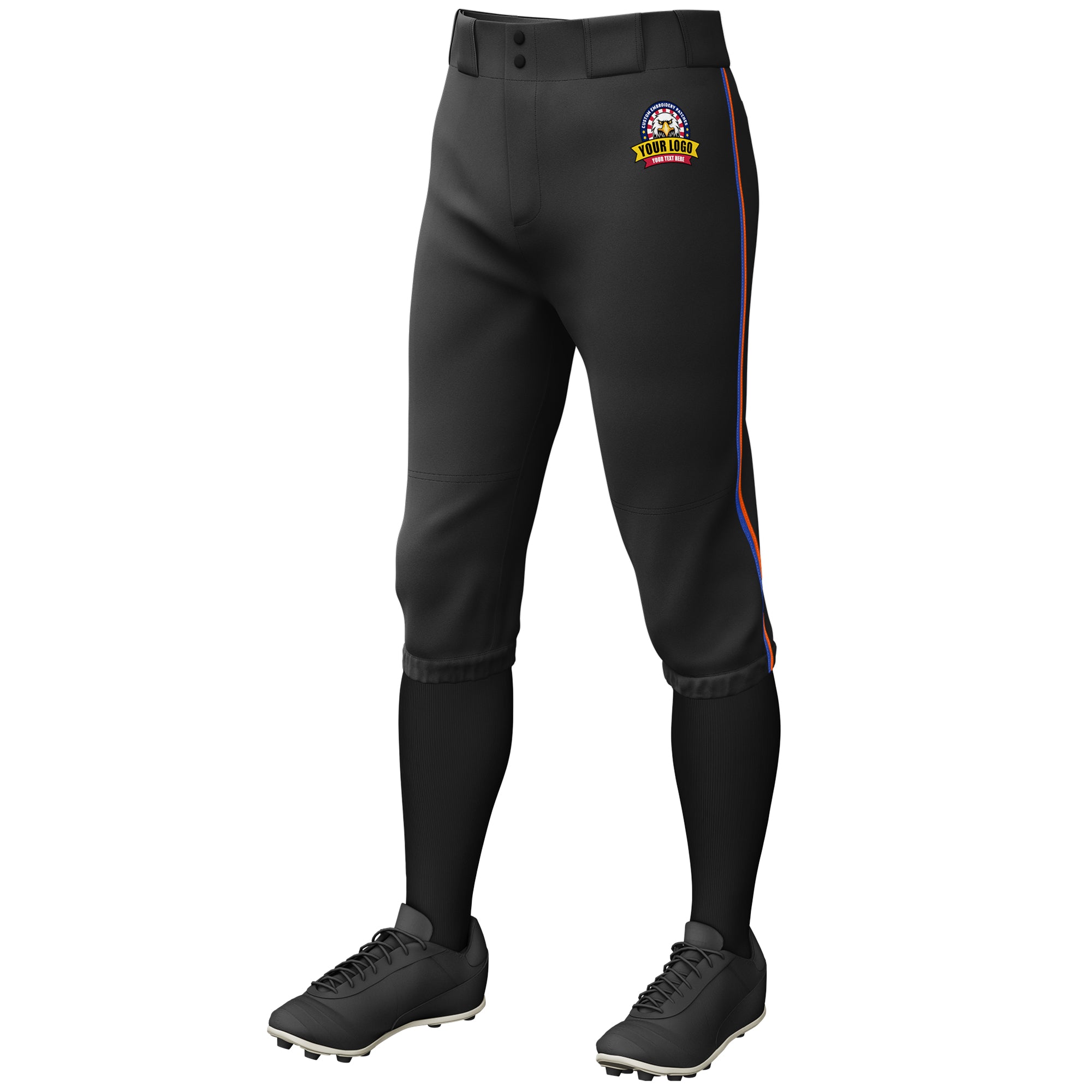 Custom Black Royal-Orange Classic Fit Stretch Practice Knickers Baseball Pants