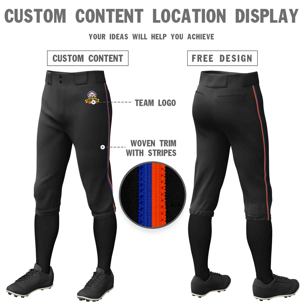 Custom Black Royal-Orange Classic Fit Stretch Practice Knickers Baseball Pants