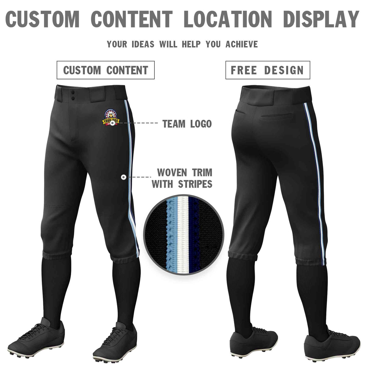 Custom Black Light Blue White-Navy Classic Fit Stretch Practice Knickers Baseball Pants