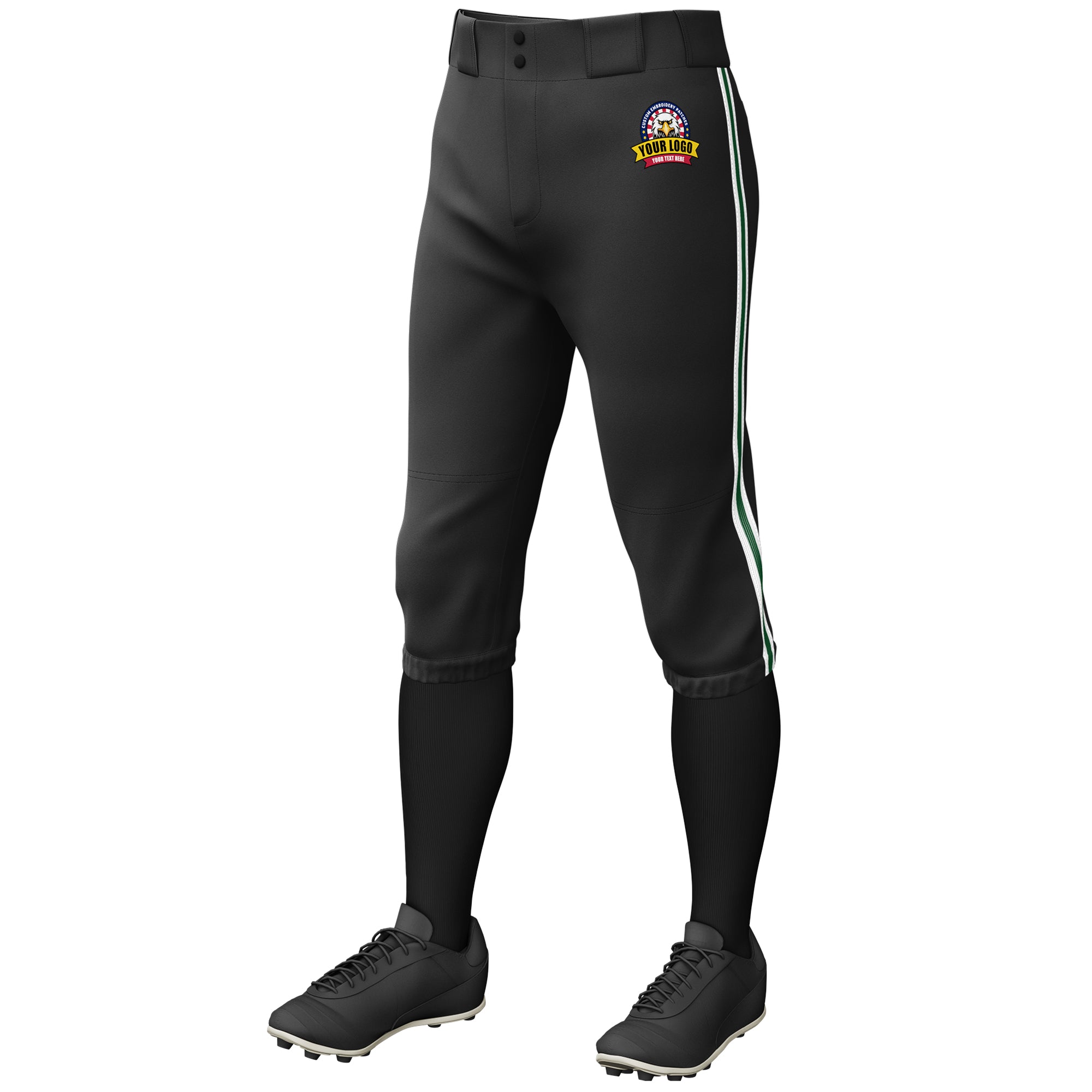 Custom Black White Green-White Classic Fit Stretch Practice Knickers Baseball Pants