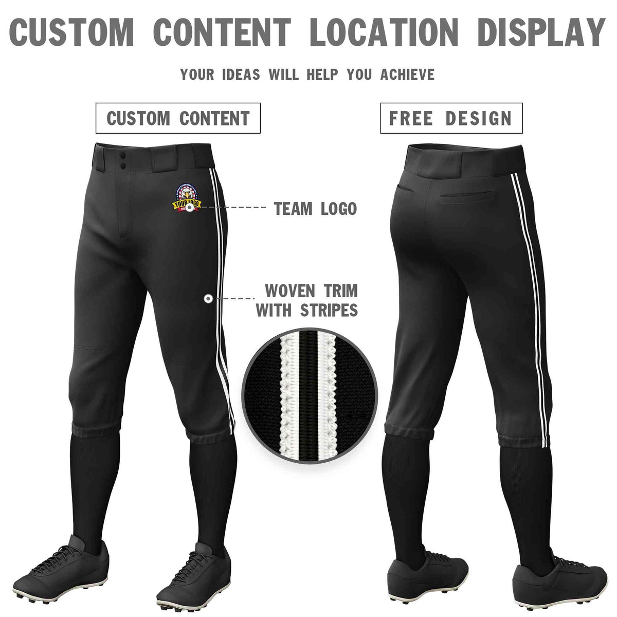 Custom Black White Black-White Classic Fit Stretch Practice Knickers Baseball Pants