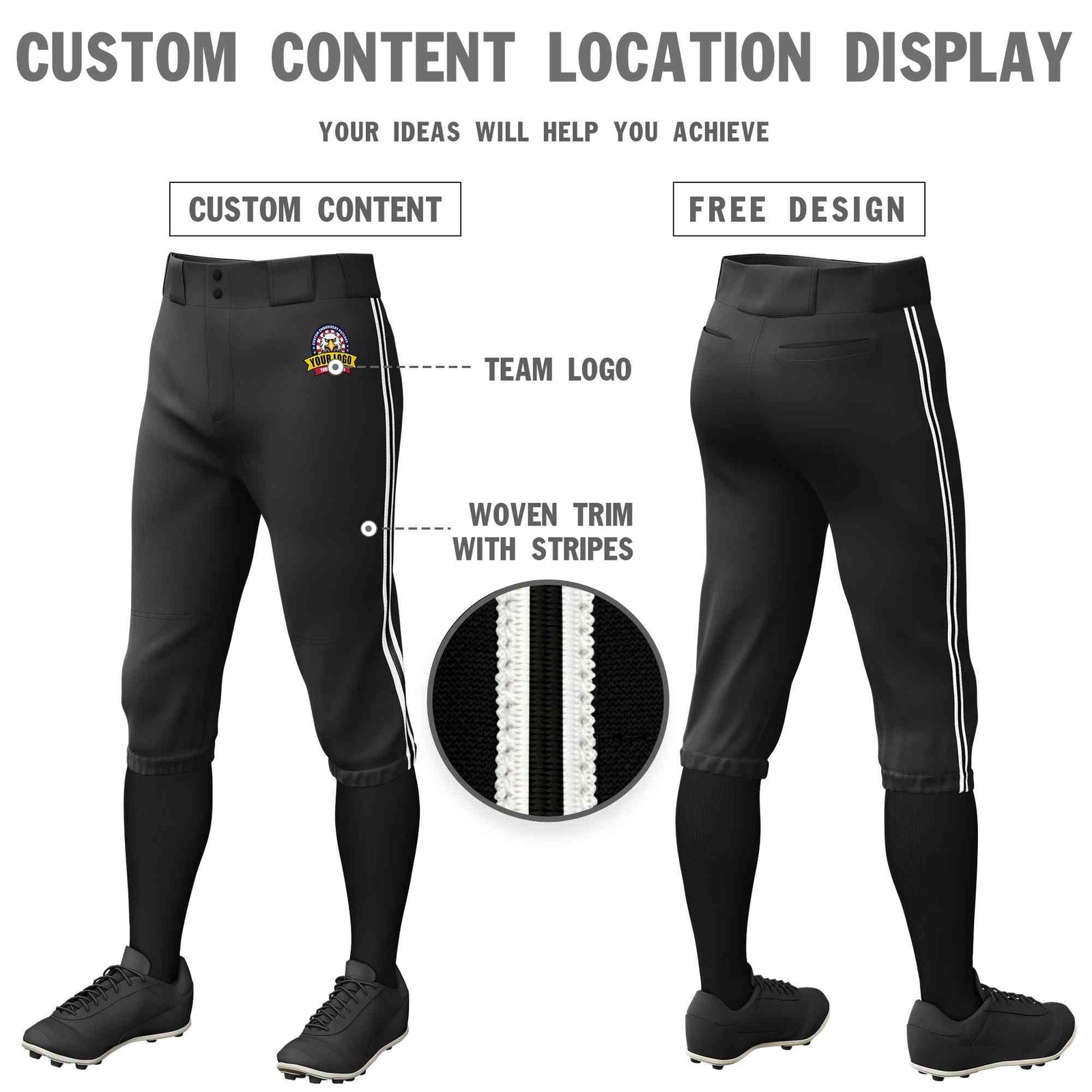 Custom Black White Black-White Classic Fit Stretch Practice Knickers Baseball Pants