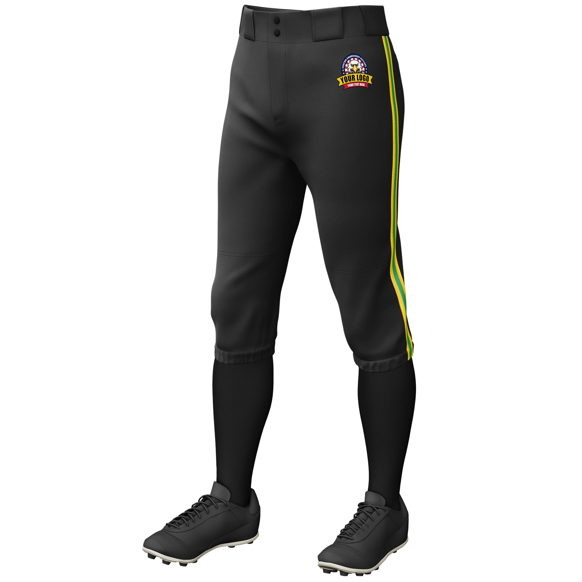Custom Black Gold Kelly Green-Gold Classic Fit Stretch Practice Knickers Baseball Pants