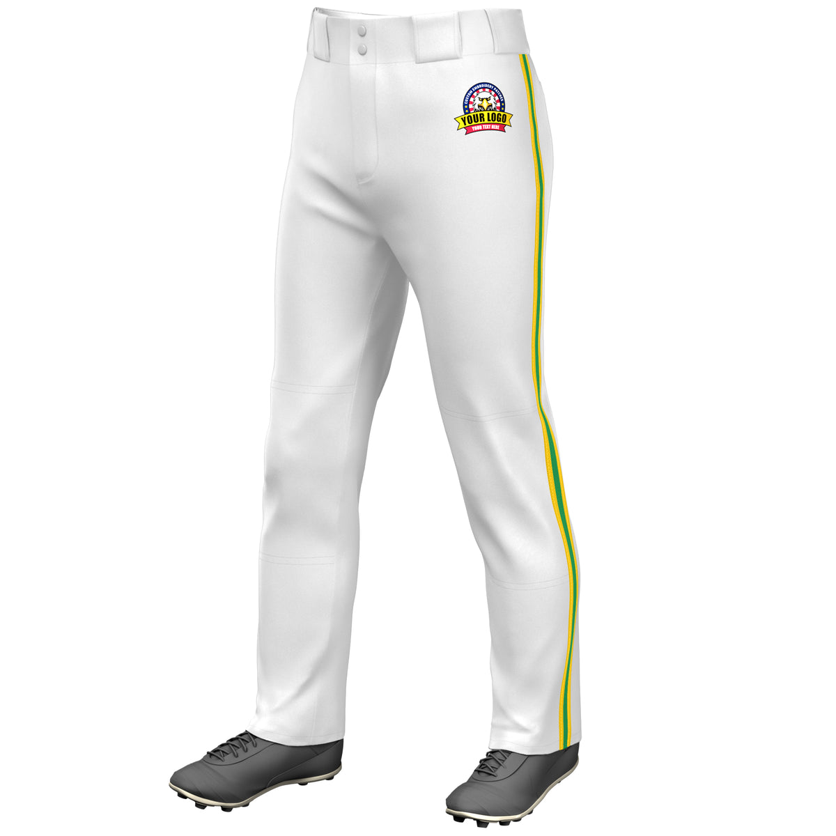 Custom White Gold Kelly Green-Gold Classic Fit Stretch Practice Loose-fit Baseball Pants