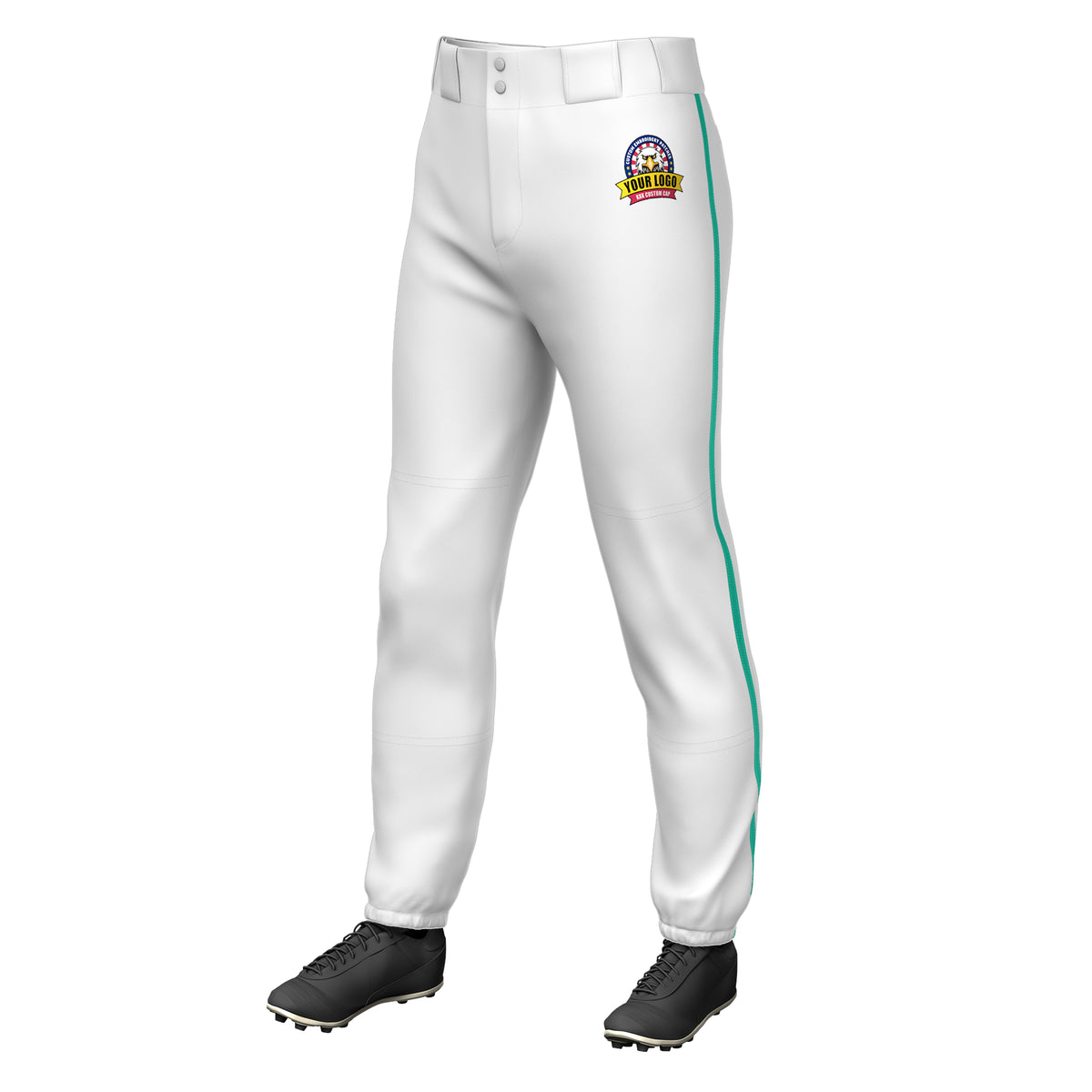 Custom White Teal Classic Fit Stretch Practice Pull-up Baseball Pants