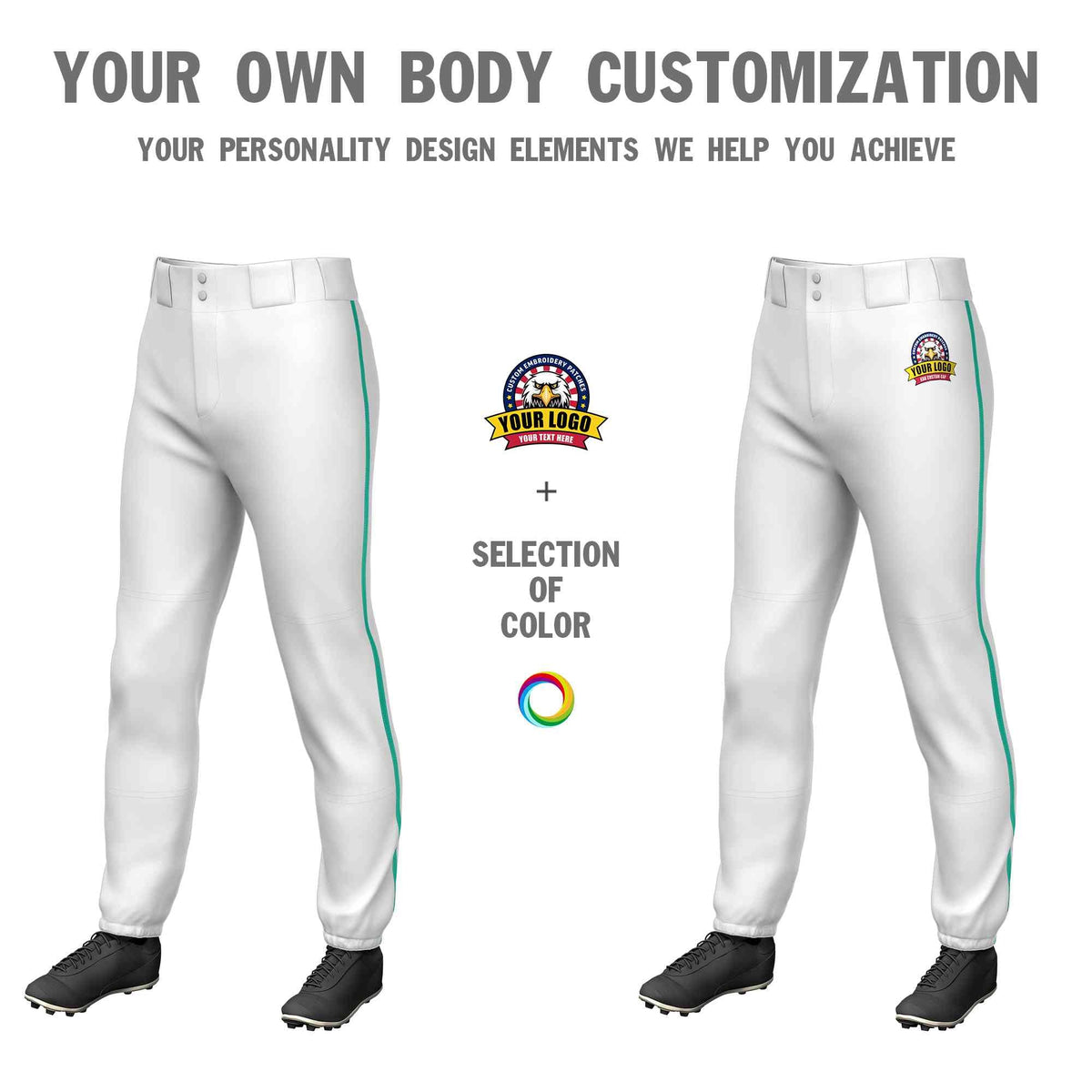 Custom White Teal Classic Fit Stretch Practice Pull-up Baseball Pants
