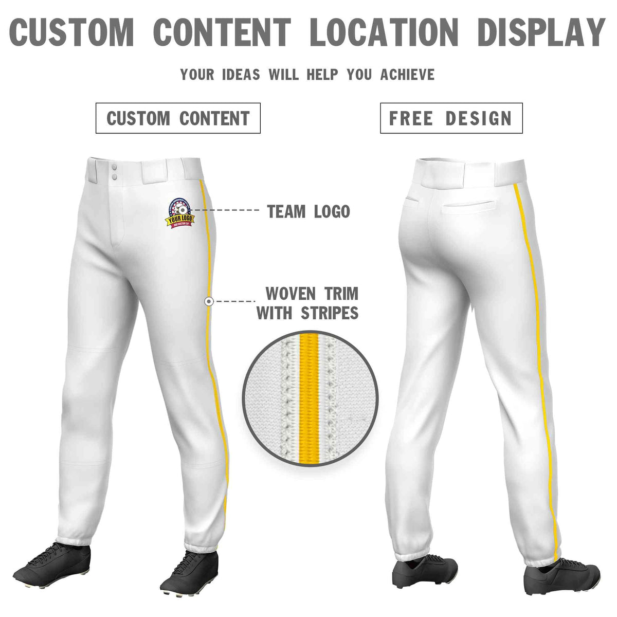 Custom White Gold Classic Fit Stretch Practice Pull-up Baseball Pants