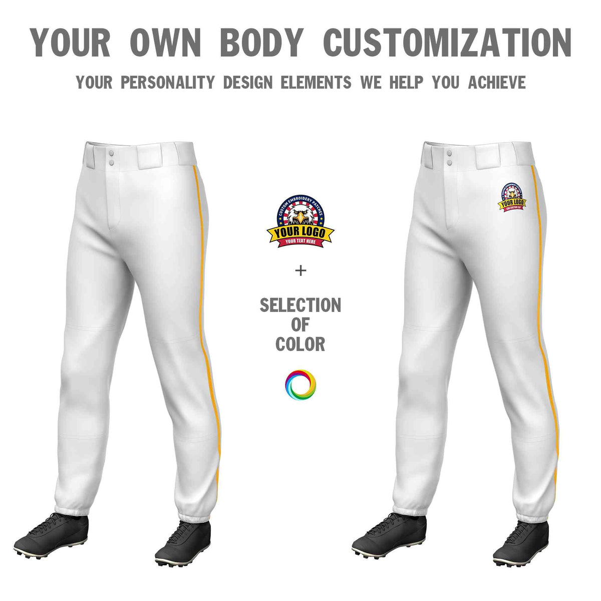 Custom White Yellow Classic Fit Stretch Practice Pull-up Baseball Pants