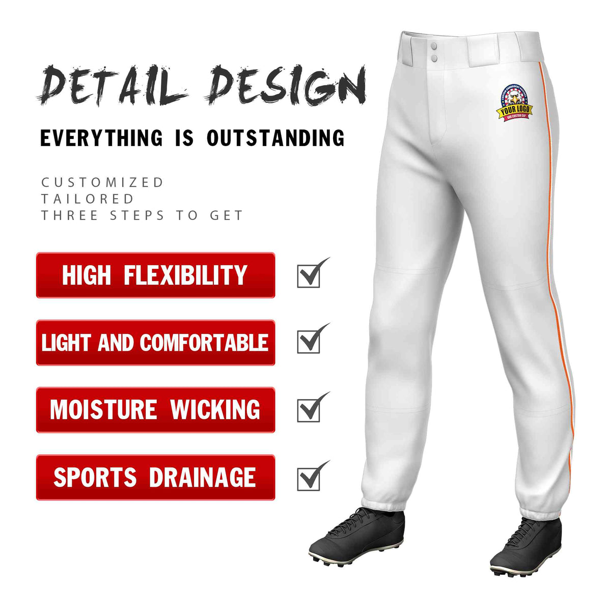 Custom White Orange-White Classic Fit Stretch Practice Pull-up Baseball Pants