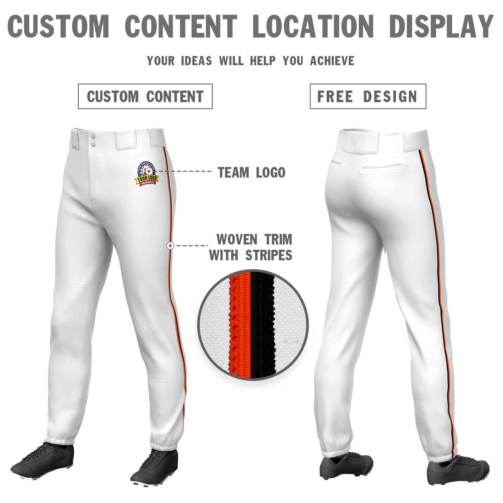 Custom White Orange-Black Classic Fit Stretch Practice Pull-up Baseball Pants