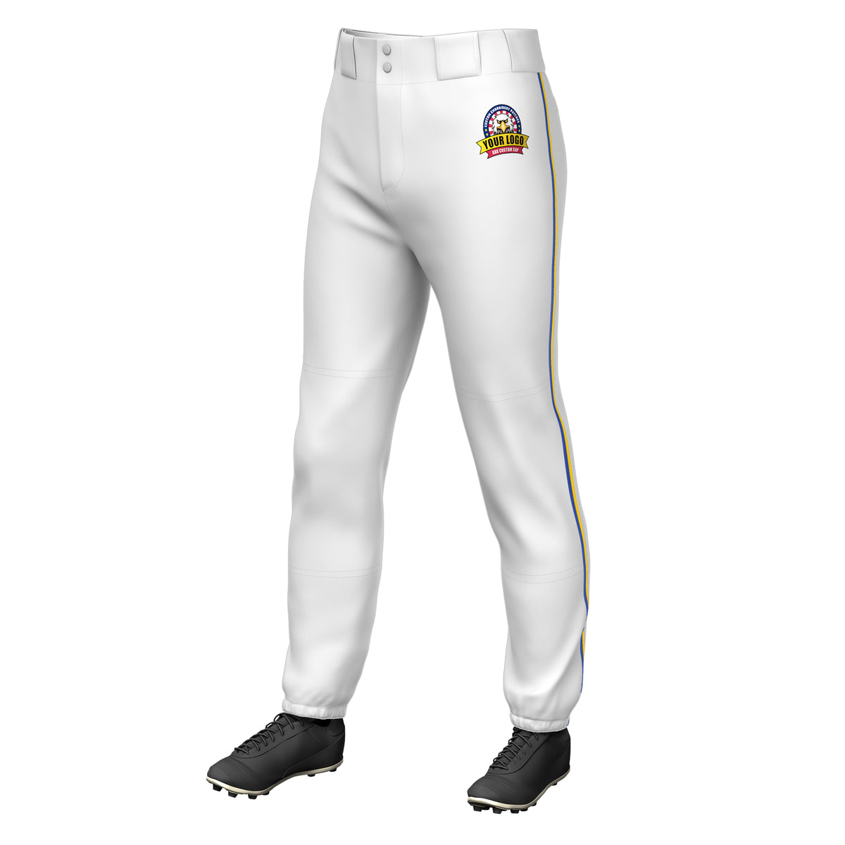 Custom White Royal-Gold Classic Fit Stretch Practice Pull-up Baseball Pants