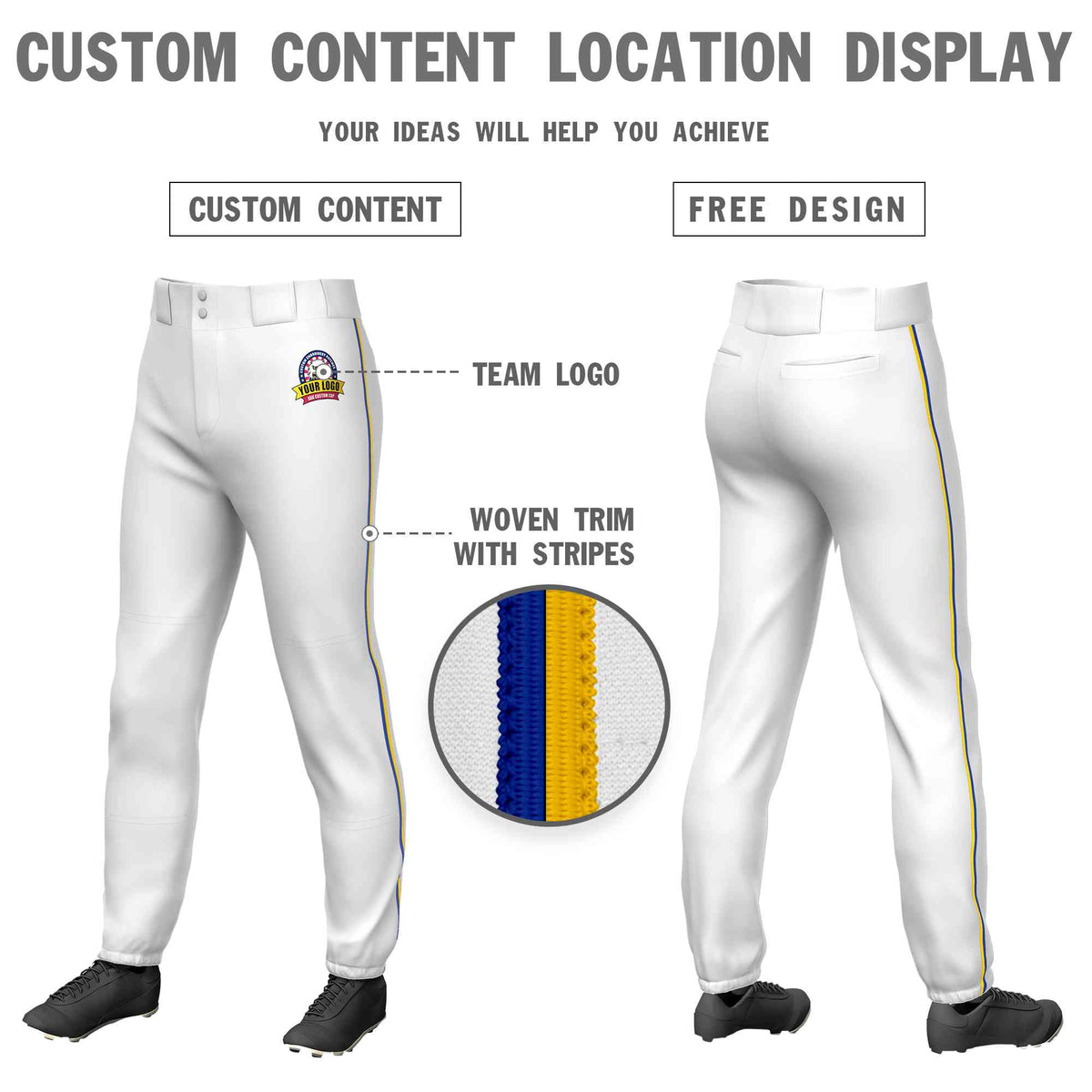 Custom White Royal-Gold Classic Fit Stretch Practice Pull-up Baseball Pants