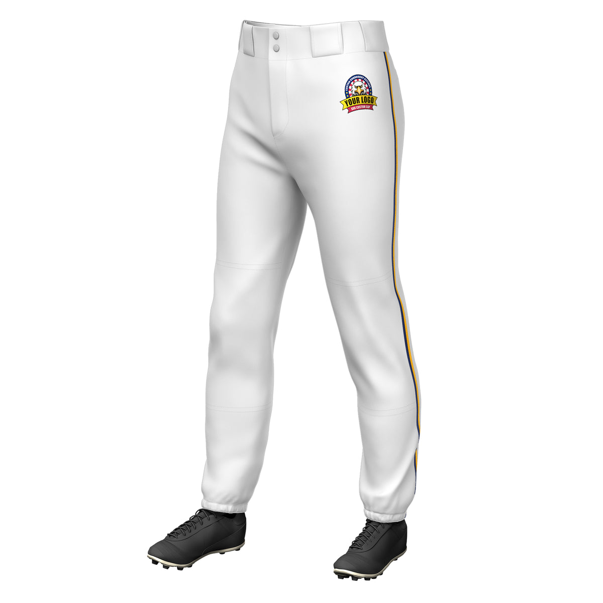 Custom White Navy-Yellow Classic Fit Stretch Practice Pull-up Baseball Pants