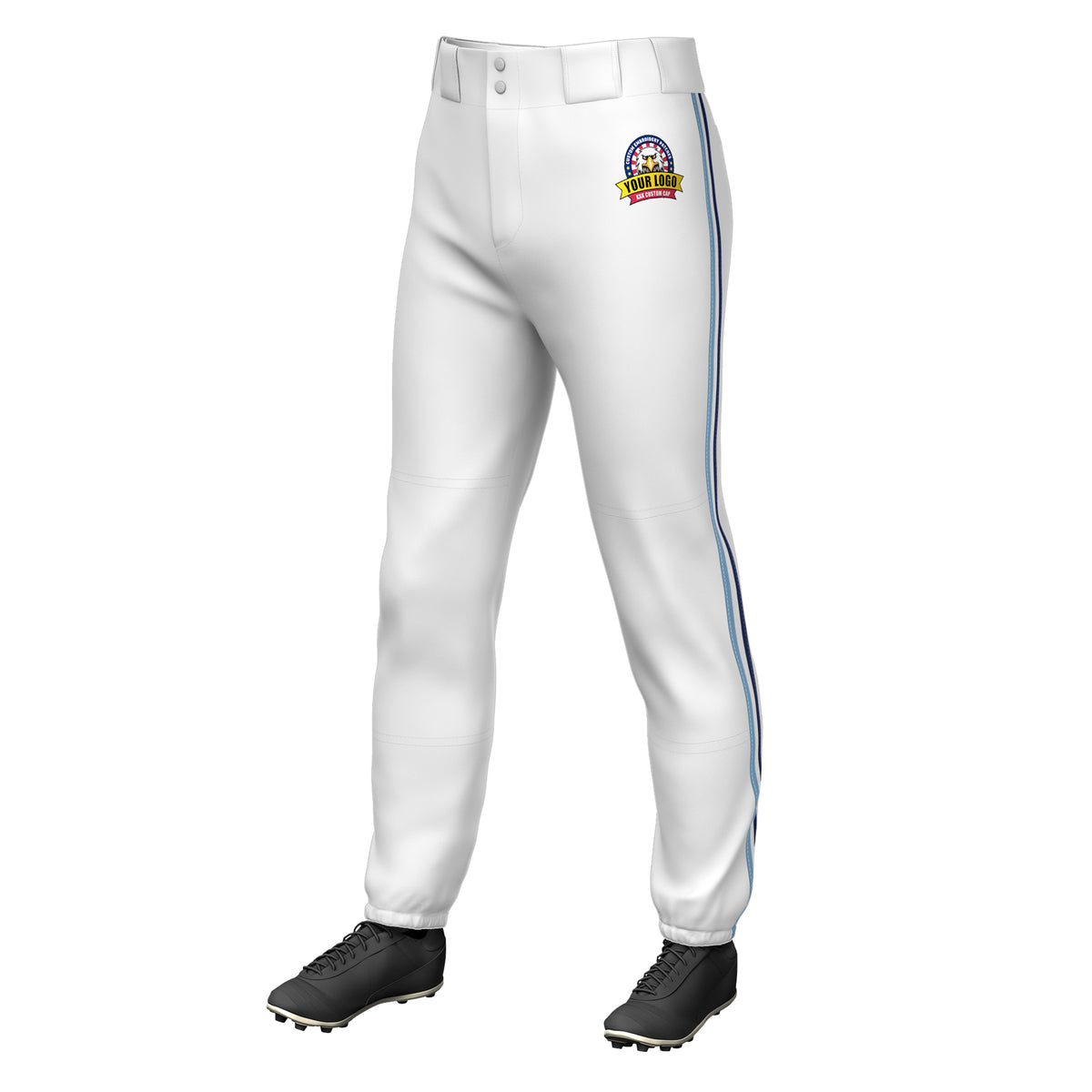 Custom White Powder Blue White-Navy Classic Fit Stretch Practice Pull-up Baseball Pants