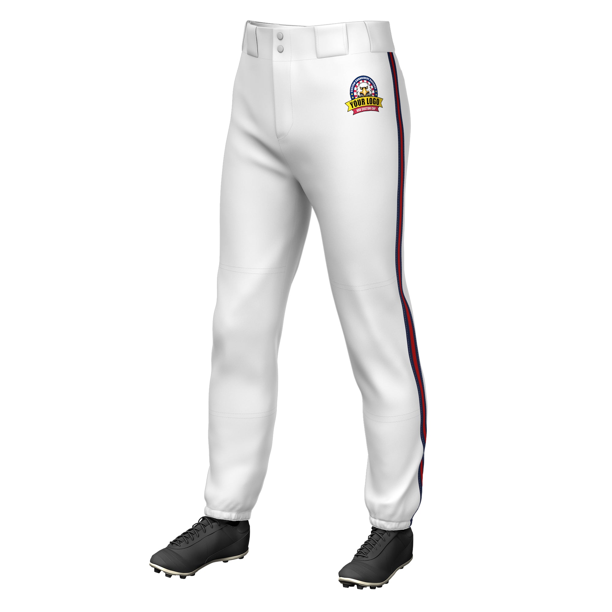 Custom White Navy Red-Navy Classic Fit Stretch Practice Pull-up Baseball Pants