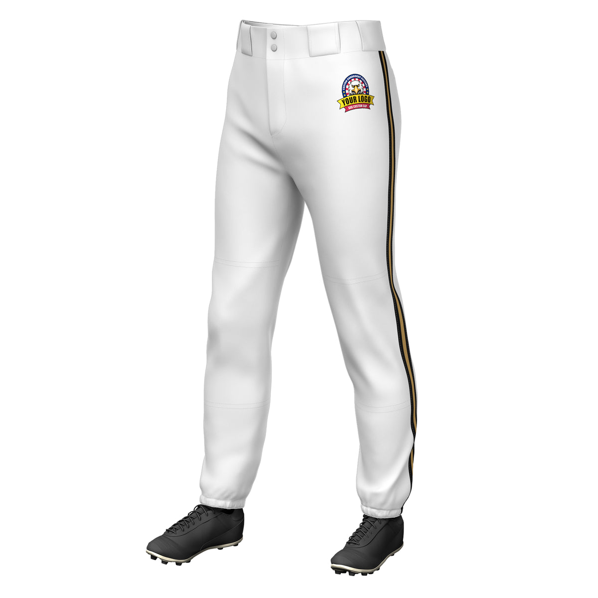 Custom White Black Gold-Black Classic Fit Stretch Practice Pull-up Baseball Pants