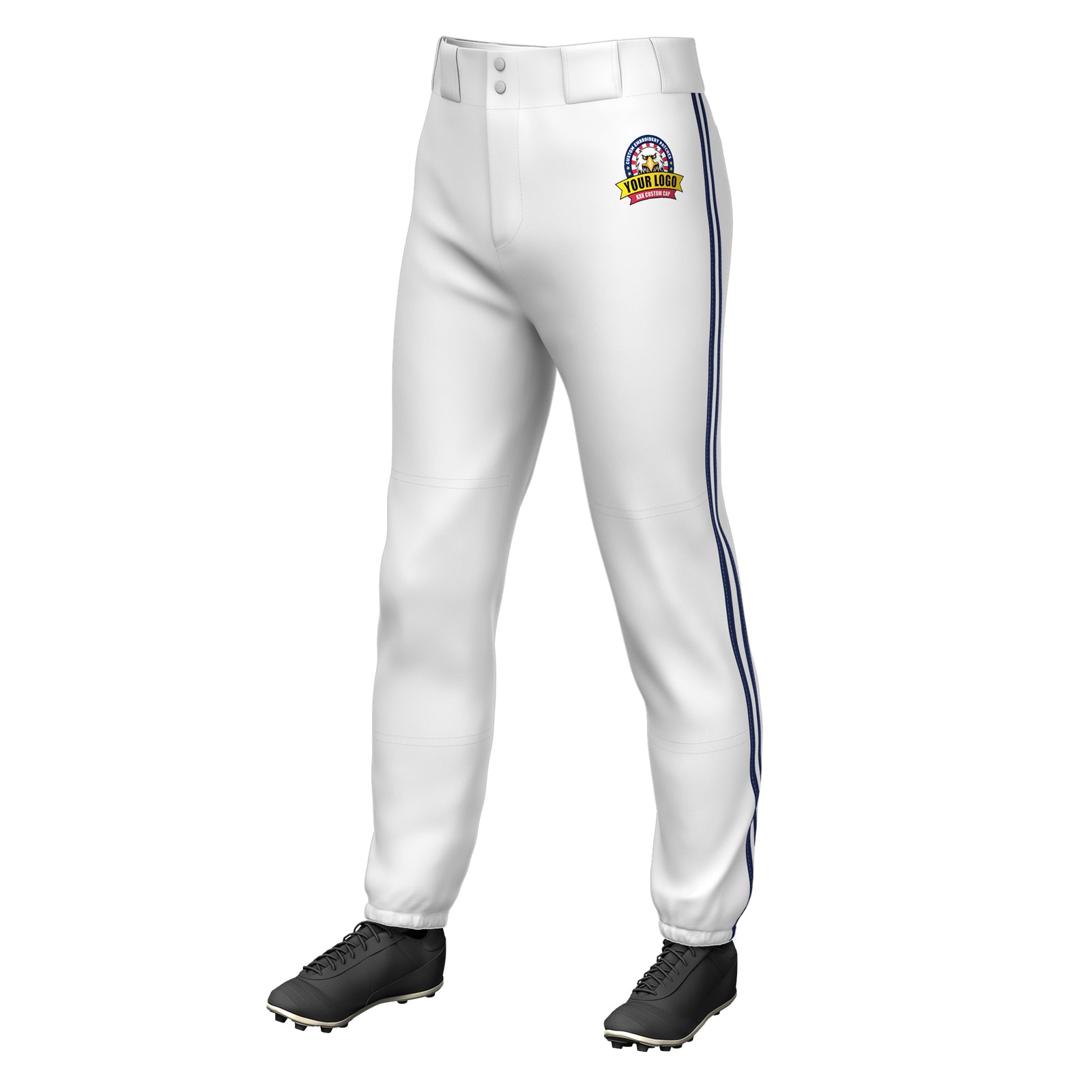 Custom White Navy White-Navy Classic Fit Stretch Practice Pull-up Baseball Pants