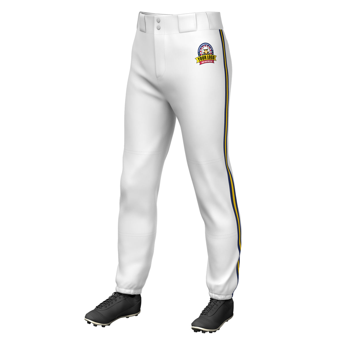 Custom White Navy Gold-Navy Classic Fit Stretch Practice Pull-up Baseball Pants