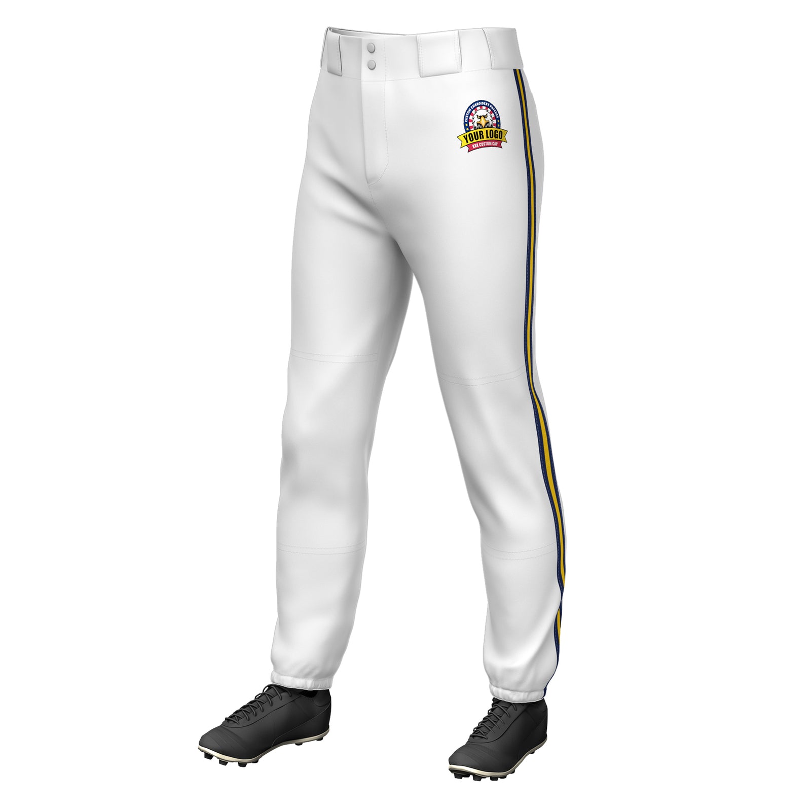 Custom White Navy Gold-Navy Classic Fit Stretch Practice Pull-up Baseball Pants