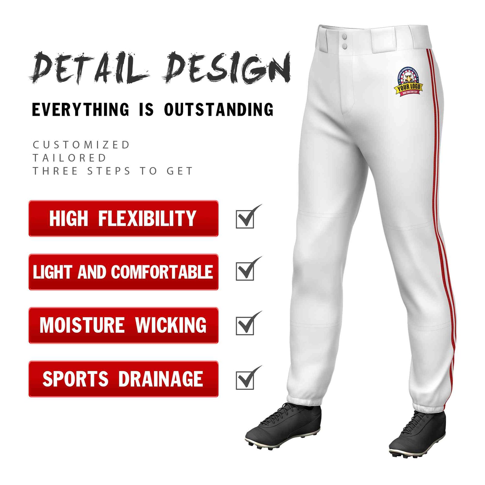 Custom White Red White-Red Classic Fit Stretch Practice Pull-up Baseball Pants