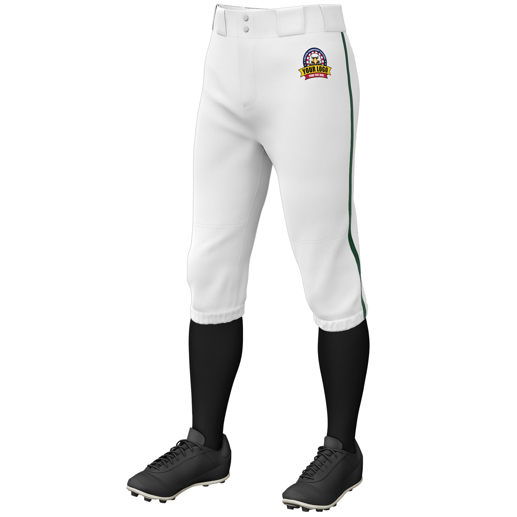 Custom White Green Classic Fit Stretch Practice Knickers Baseball Pants