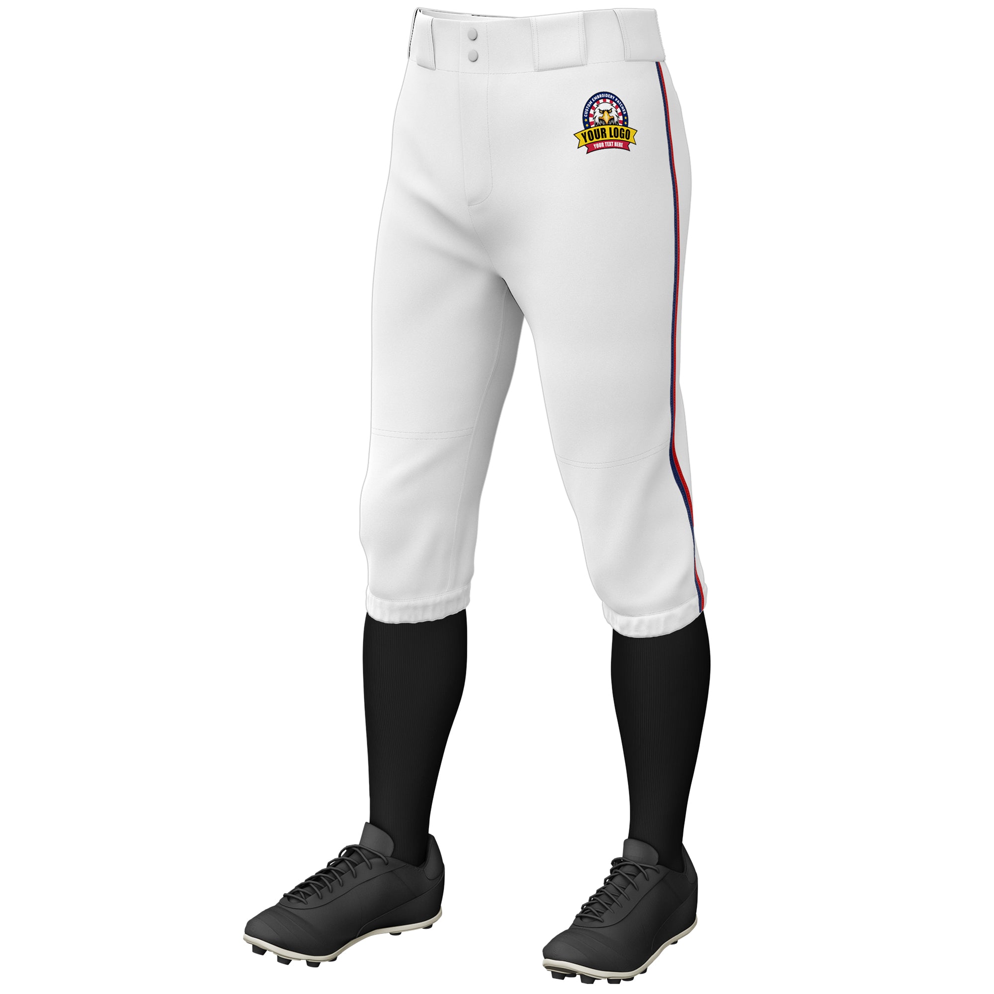 Custom White Navy-Red Classic Fit Stretch Practice Knickers Baseball Pants