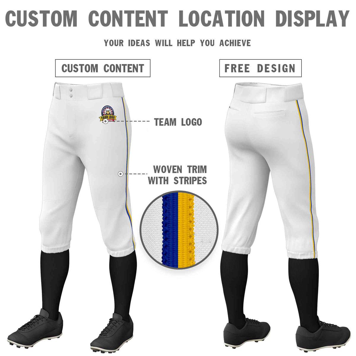 Custom White Royal-Gold Classic Fit Stretch Practice Knickers Baseball Pants