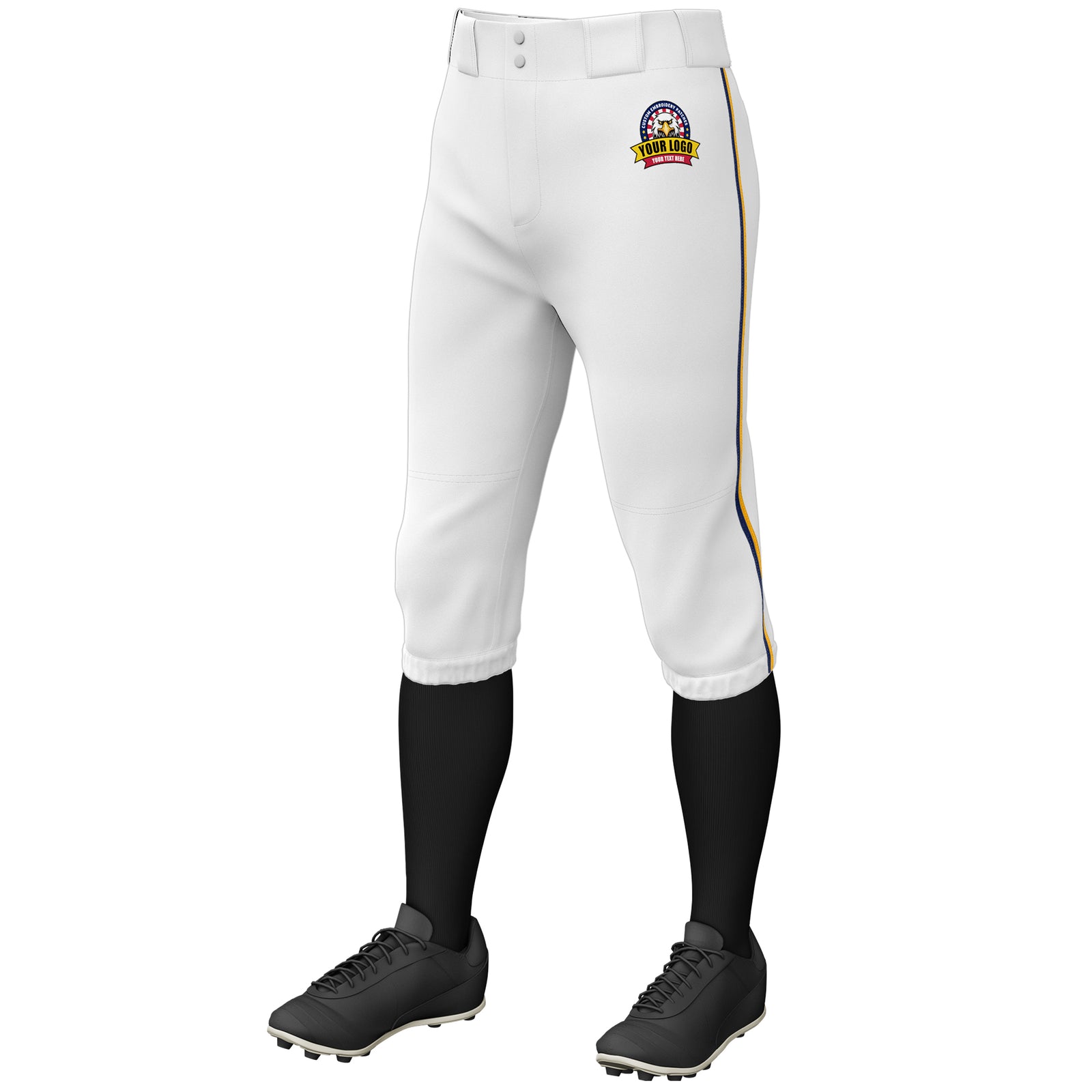 Custom White Navy-Yellow Classic Fit Stretch Practice Knickers Baseball Pants
