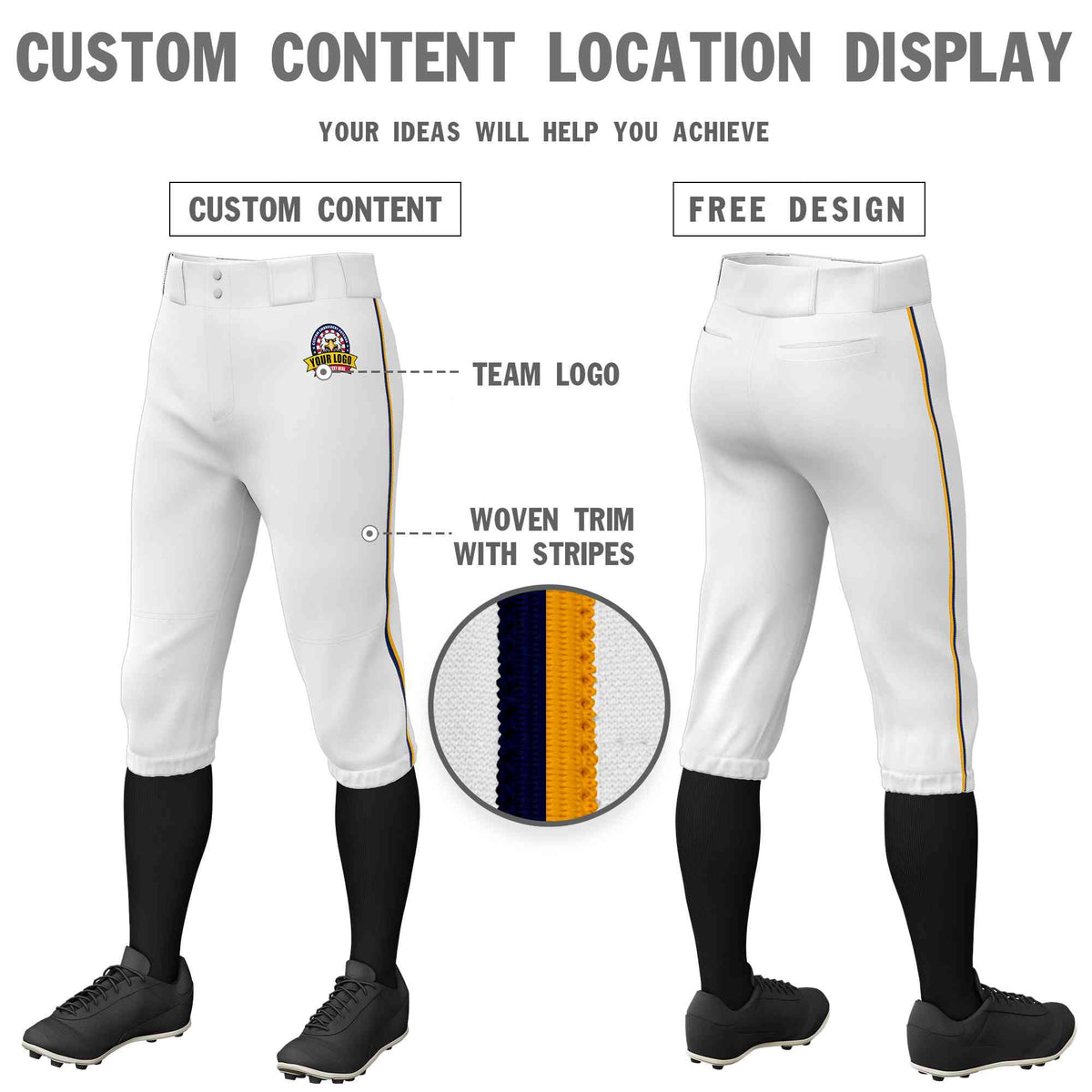 Custom White Navy-Yellow Classic Fit Stretch Practice Knickers Baseball Pants