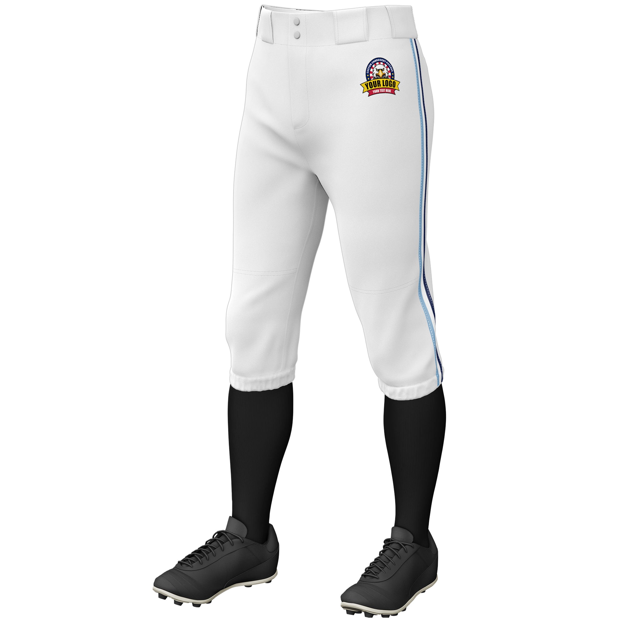 Custom White Light Blue White-Navy Classic Fit Stretch Practice Knickers Baseball Pants