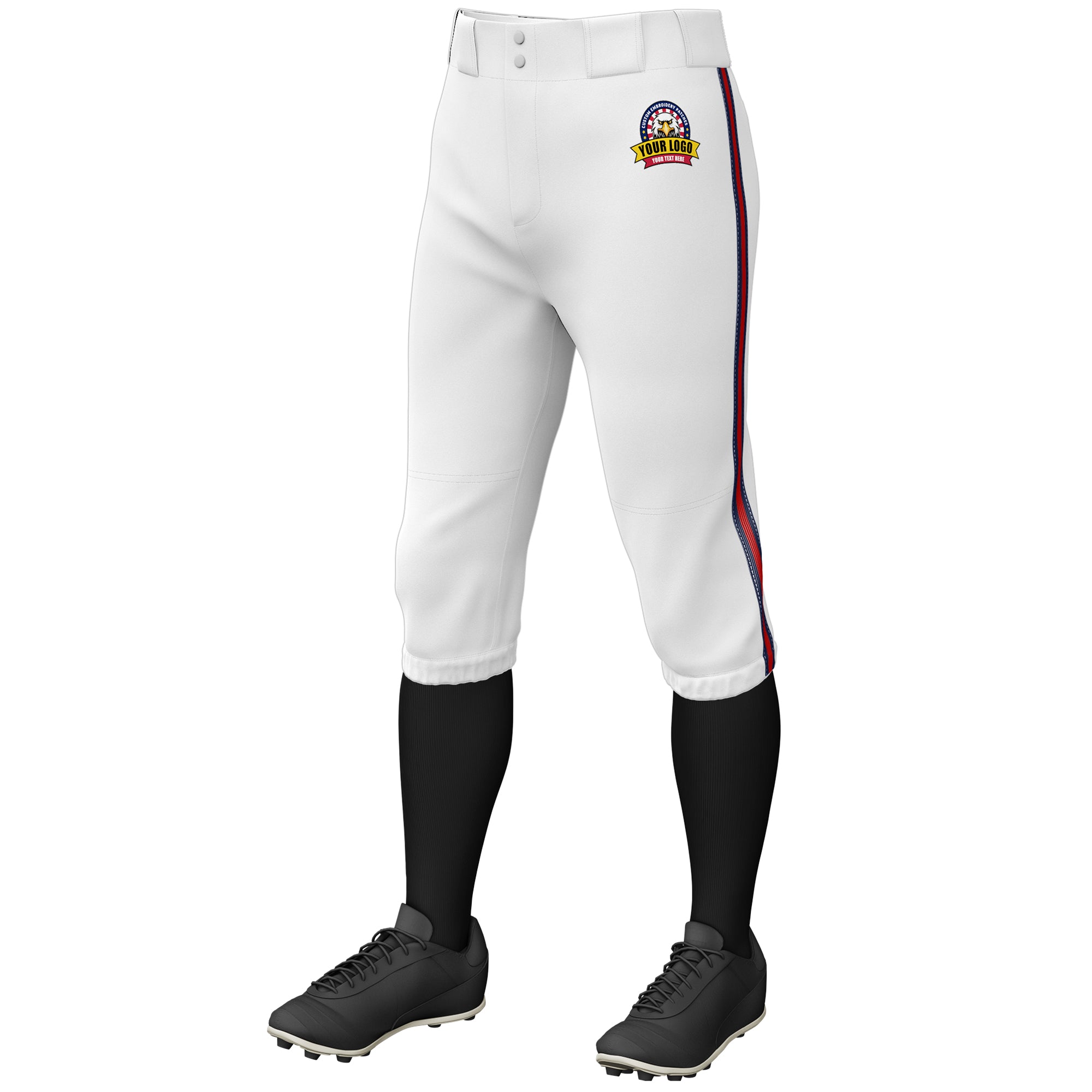 Custom White Navy Red-Navy Classic Fit Stretch Practice Knickers Baseball Pants