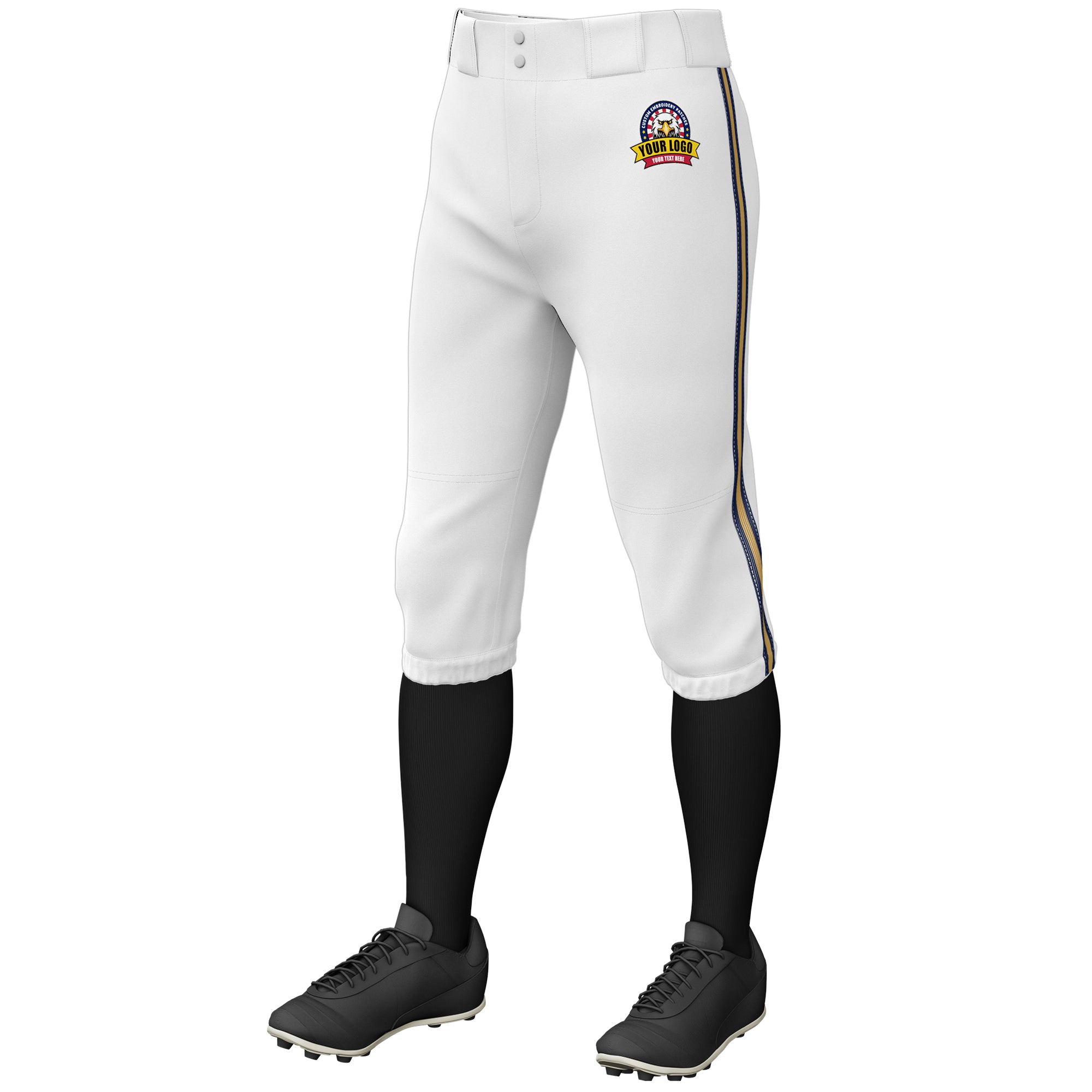 Custom White Navy Old Gold-Navy Classic Fit Stretch Practice Knickers Baseball Pants