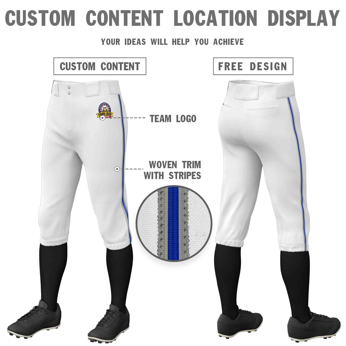 Custom White Gray Royal-Gray Classic Fit Stretch Practice Knickers Baseball Pants