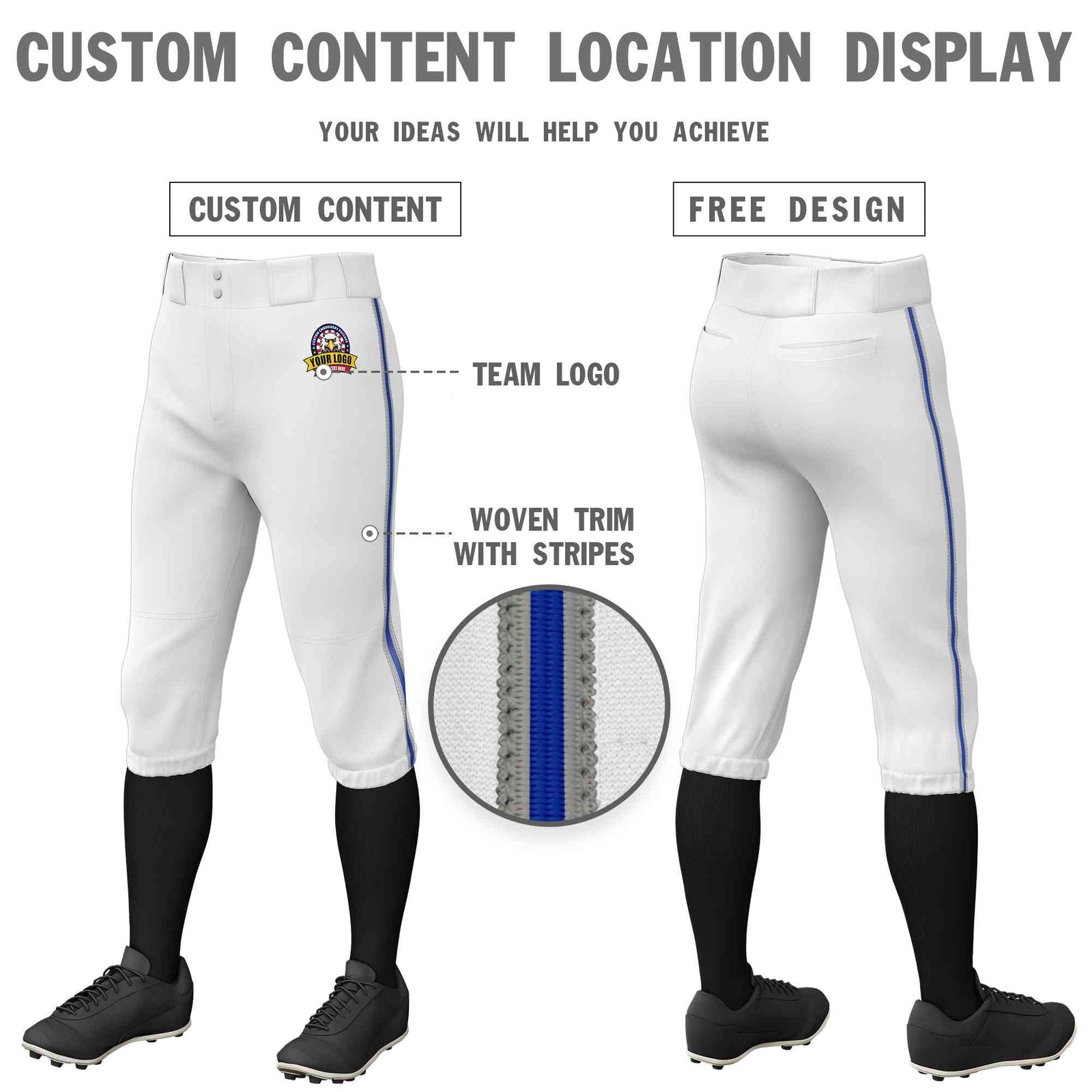 Custom White Gray Royal-Gray Classic Fit Stretch Practice Knickers Baseball Pants