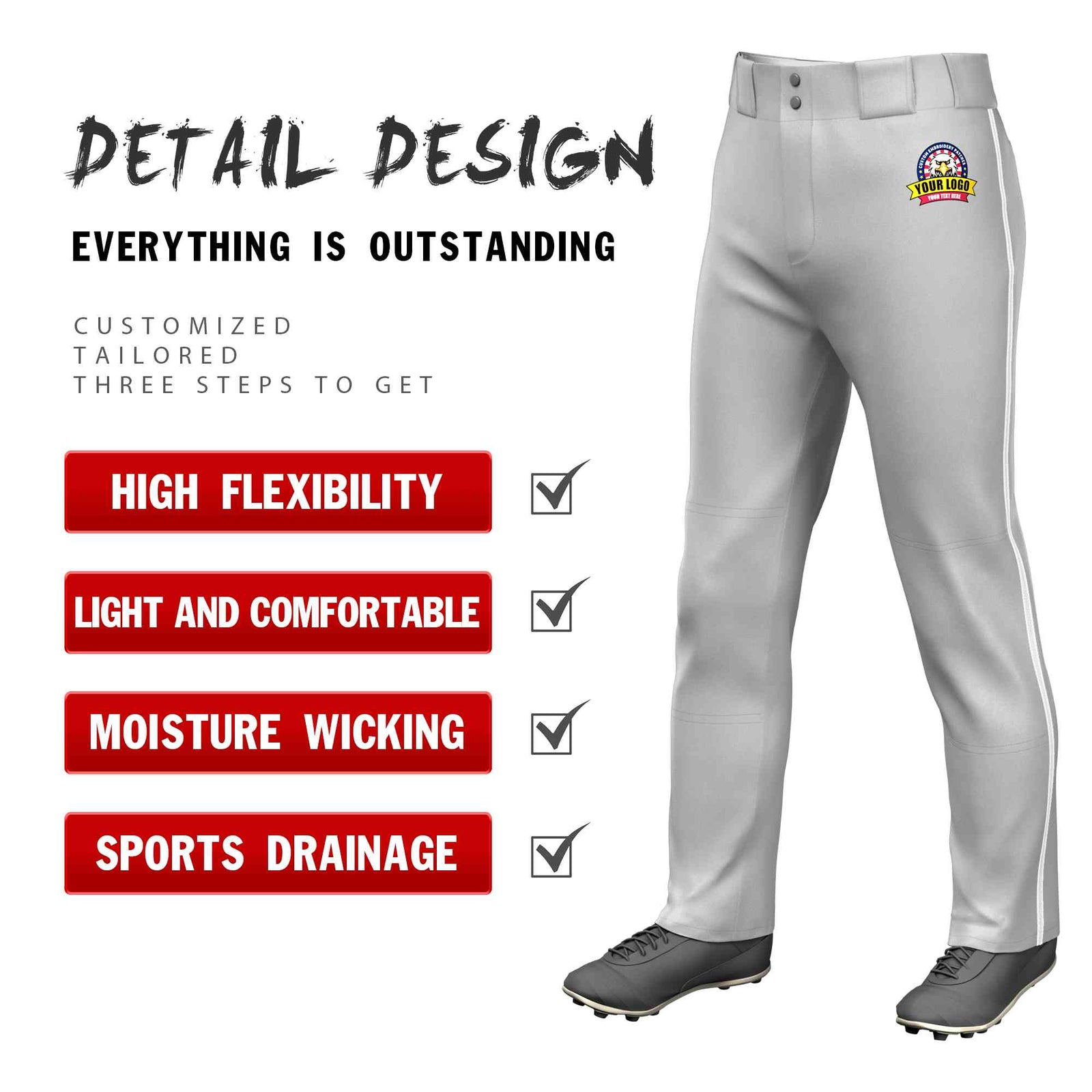 Custom Gray White Classic Fit Stretch Practice Loose-fit Baseball Pants