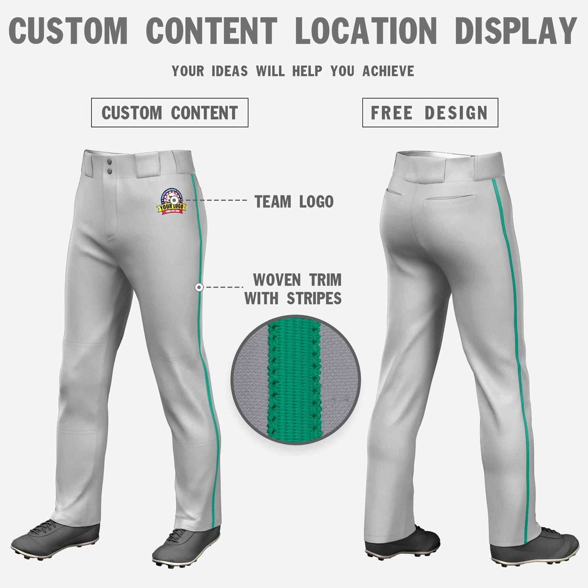 Custom Gray Teal Classic Fit Stretch Practice Loose-fit Baseball Pants
