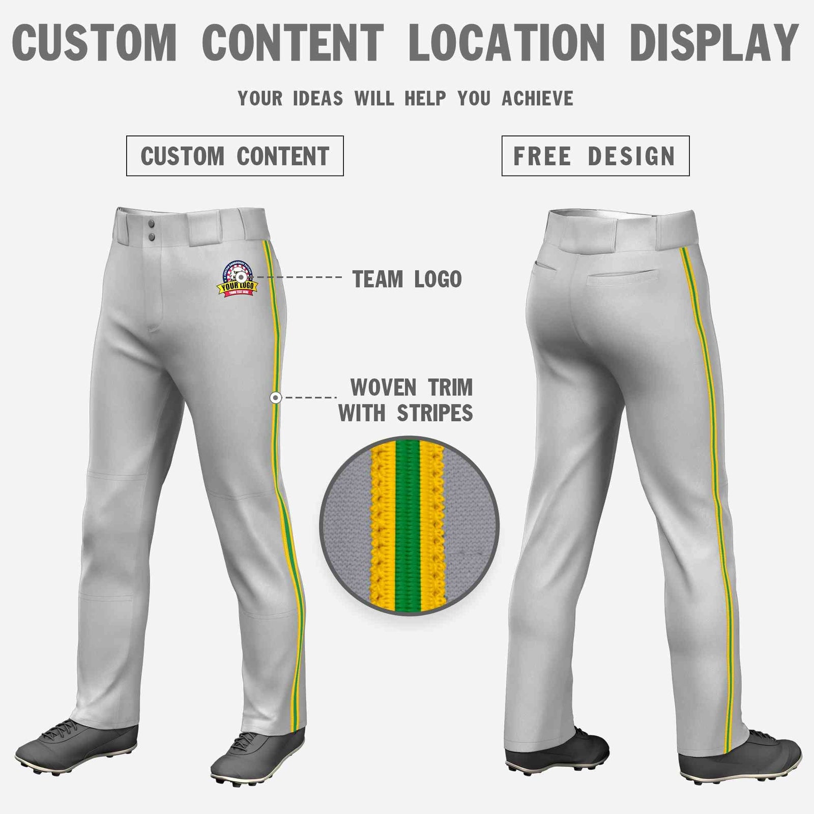 Custom Gray Gold Kelly Green-Gold Classic Fit Stretch Practice Loose-fit Baseball Pants