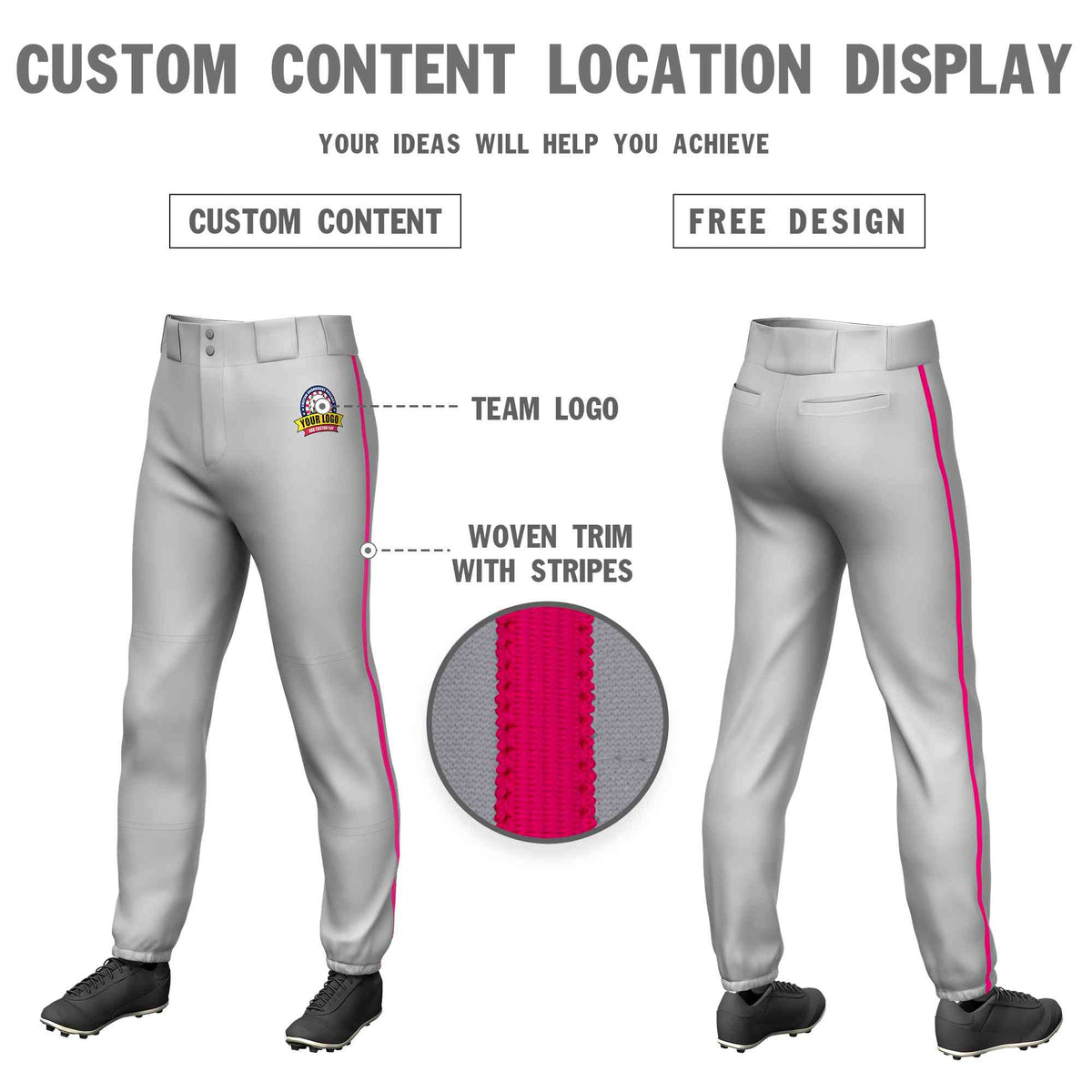 Custom Gray Pink Classic Fit Stretch Practice Pull-up Baseball Pants