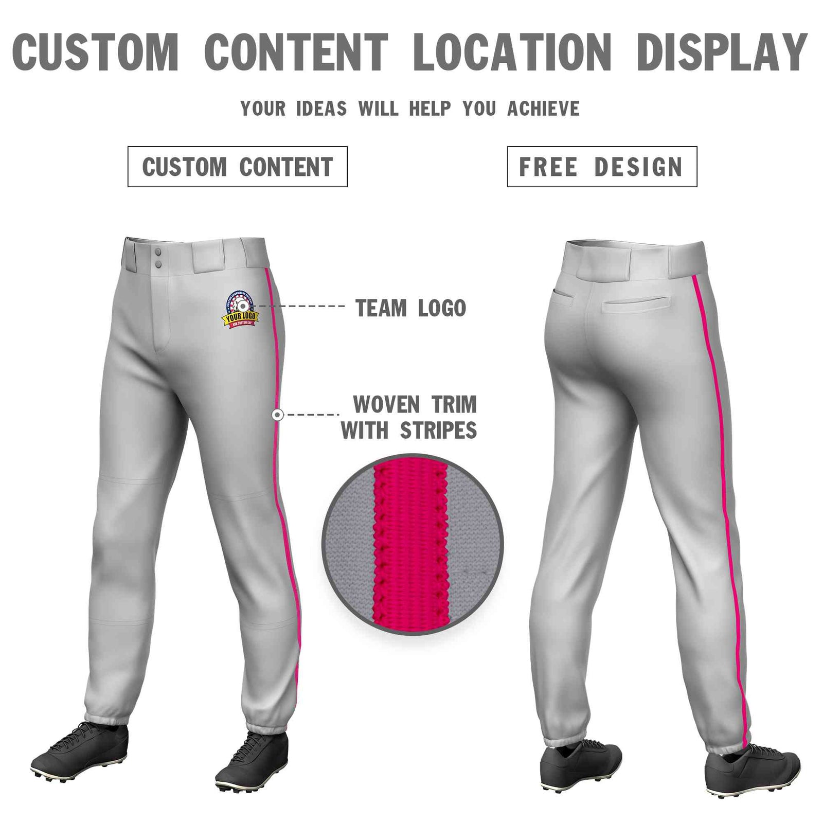 Custom Gray Pink Classic Fit Stretch Practice Pull-up Baseball Pants